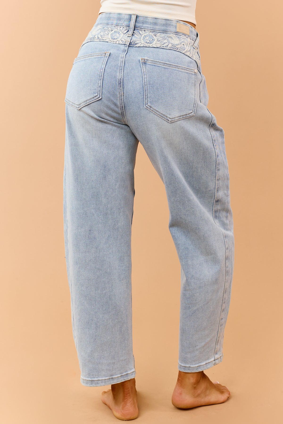 Saige Light Wash Embroidered Tummy Control Barrel Jeans