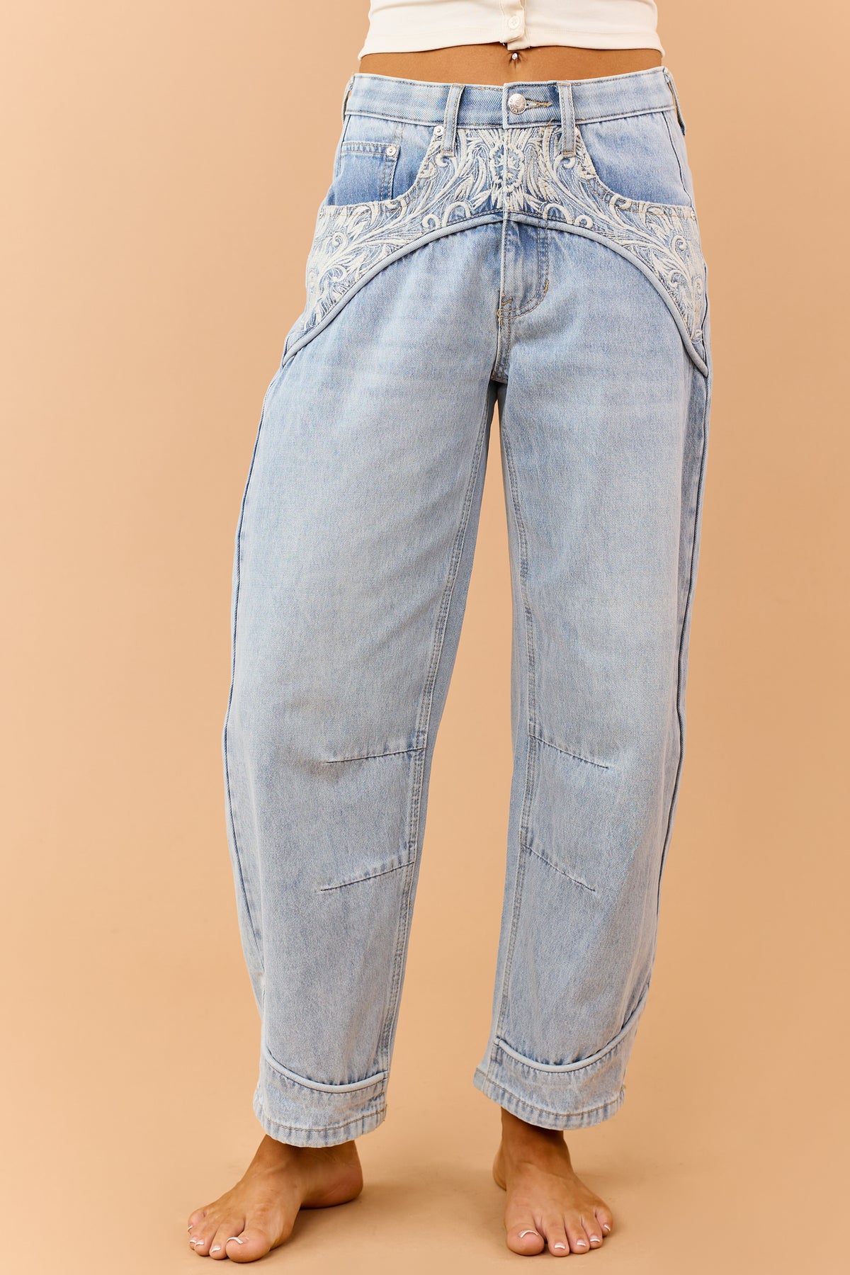Saige Light Wash Embroidered Tummy Control Barrel Jeans