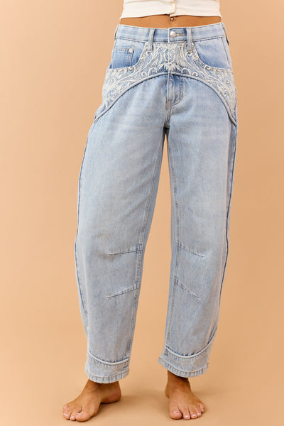 Saige Light Wash Embroidered Tummy Control Barrel Jeans