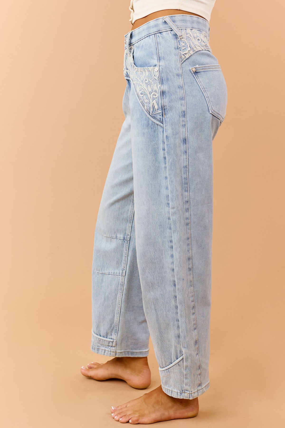 Saige Light Wash Embroidered Tummy Control Barrel Jeans