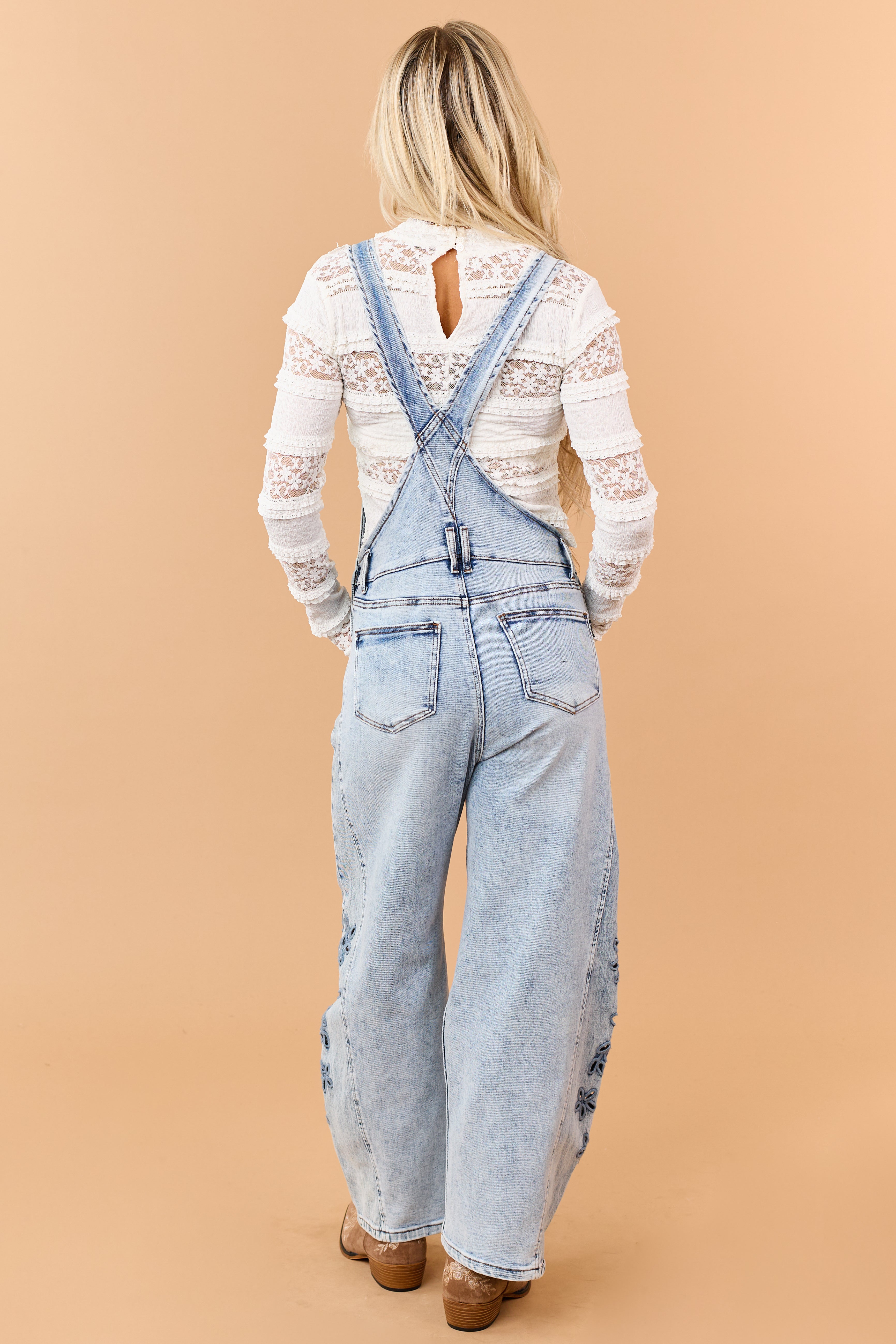Saige Light Wash Floral Embroidered Barrel Overalls