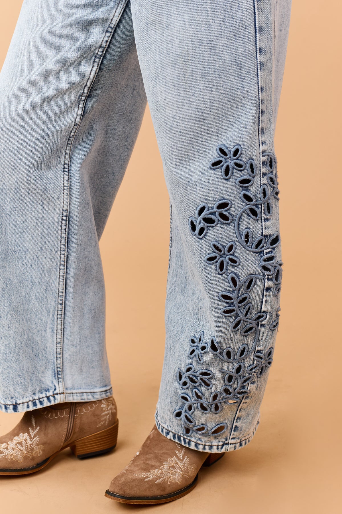 Saige Light Wash Floral Embroidered Barrel Overalls
