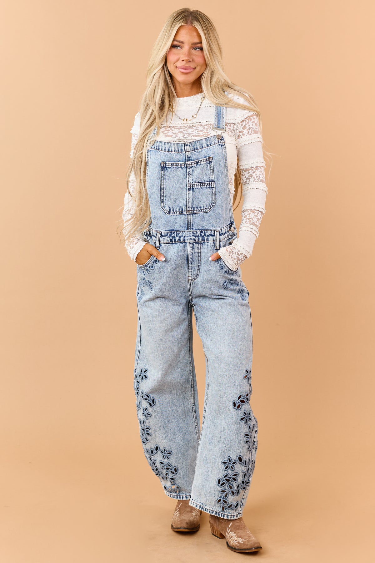 Saige Light Wash Floral Embroidered Barrel Overalls