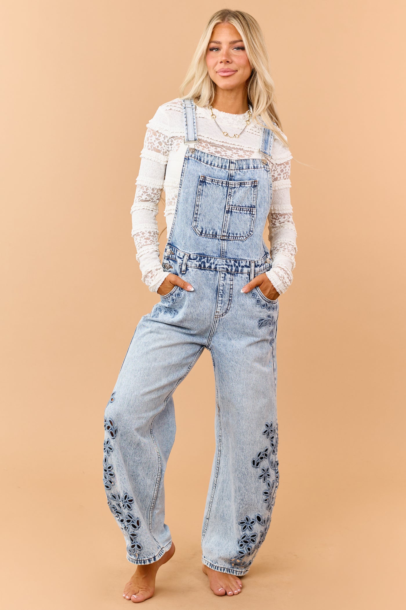 Saige Light Wash Floral Embroidered Barrel Overalls