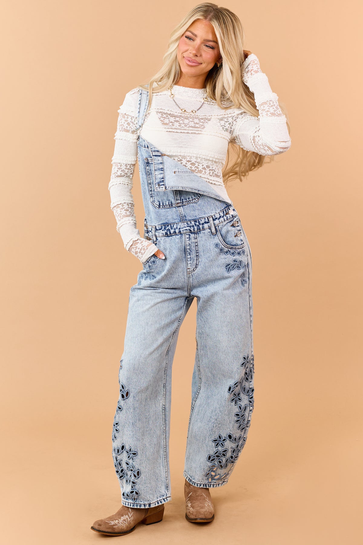 Saige Light Wash Floral Embroidered Barrel Overalls