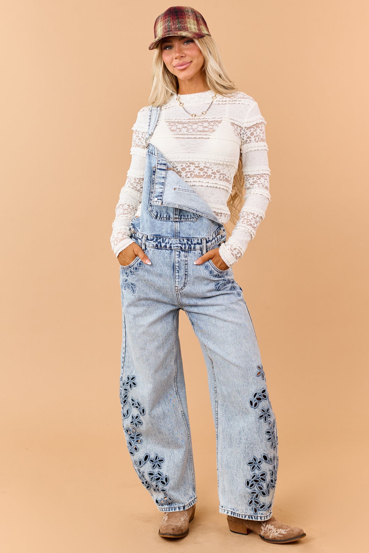 Saige Light Wash Floral Embroidered Barrel Overalls
