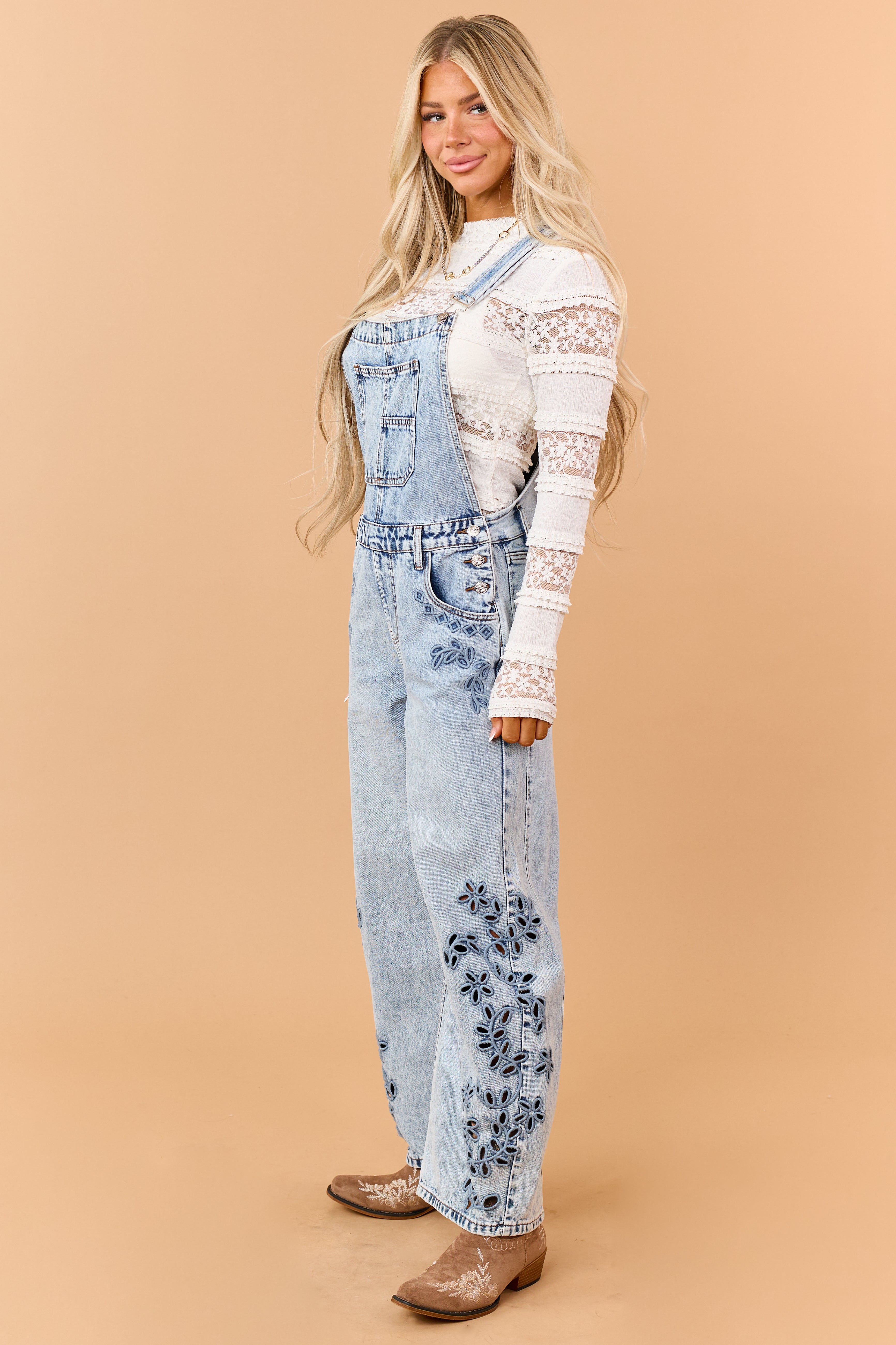 Saige Light Wash Floral Embroidered Barrel Overalls
