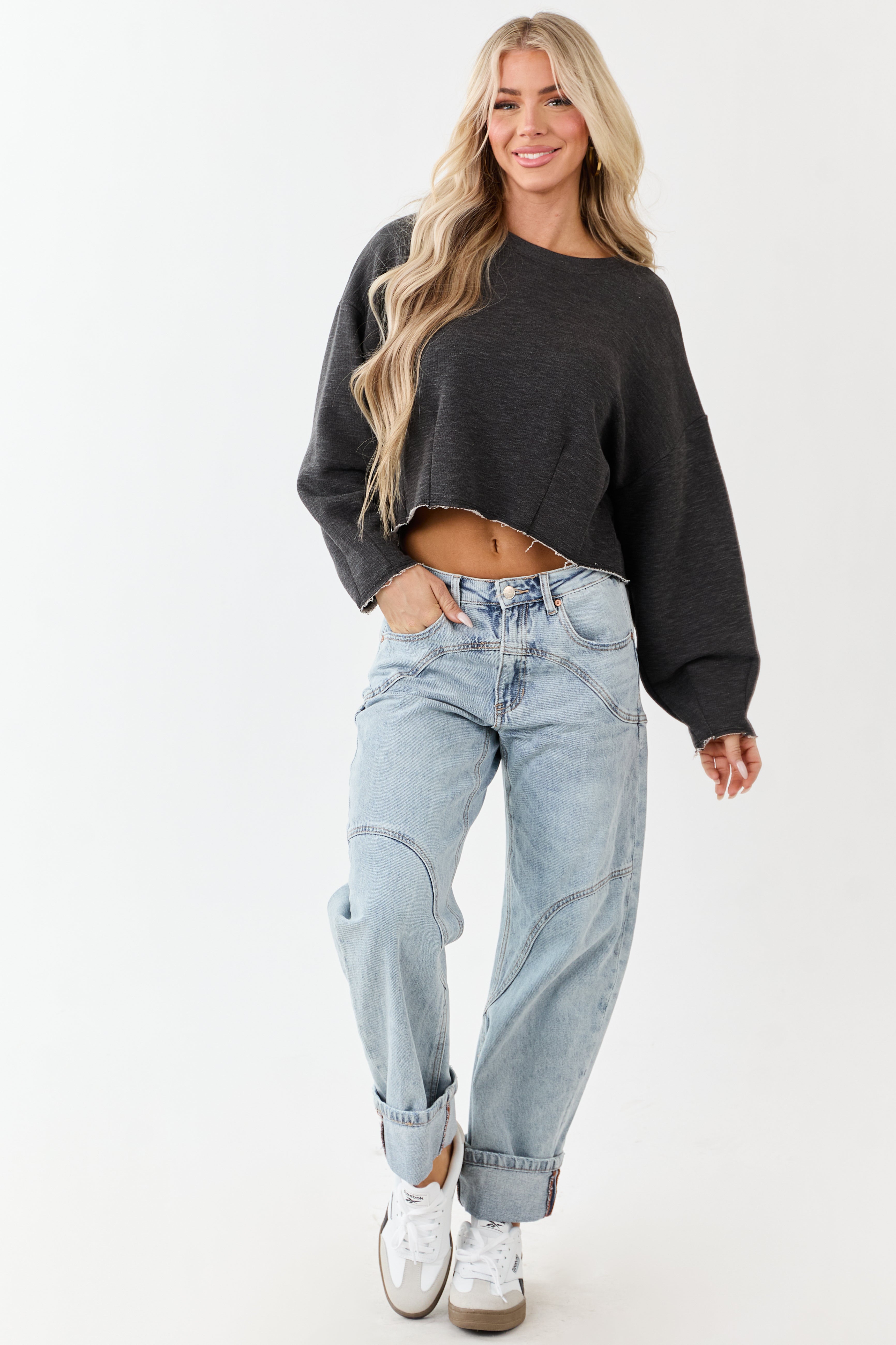 Saige Light Wash High Rise Cuffed Barrel Jeans
