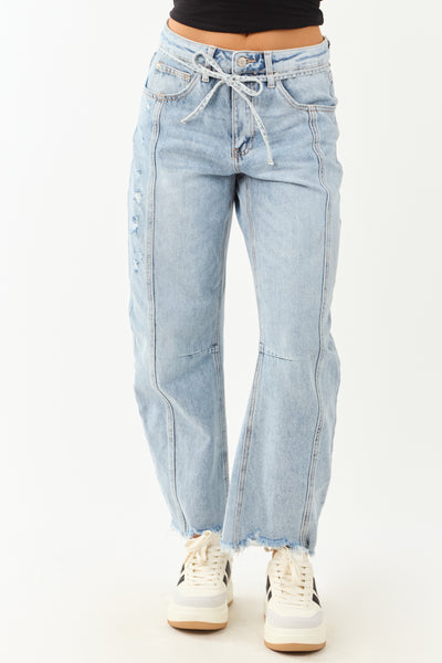 Saige Light Wash High Rise Waist Tie Barrel Jeans