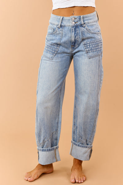 Saige Light Wash Pleated Panel High Rise Barrel Jeans
