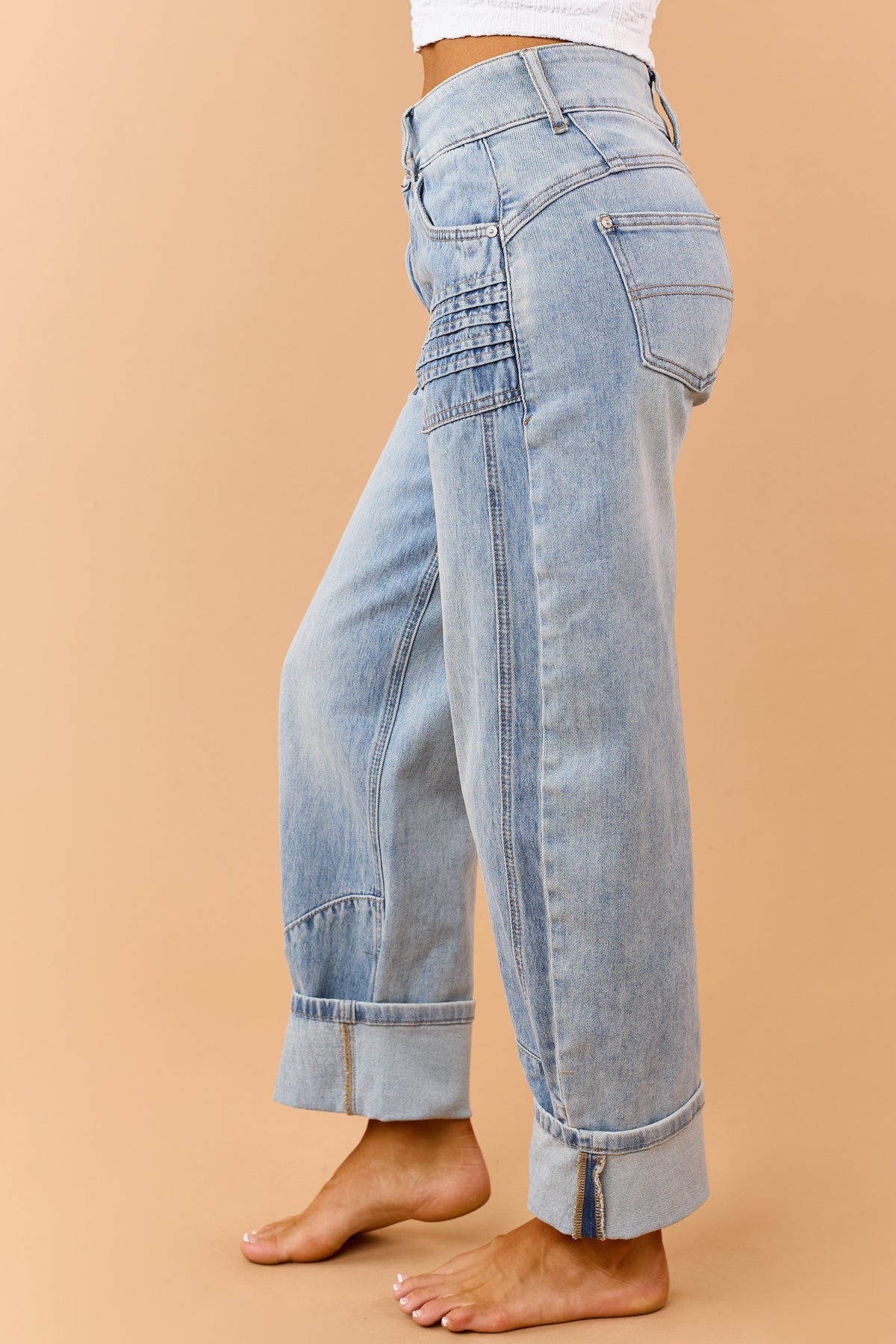 Saige Light Wash Pleated Panel High Rise Barrel Jeans