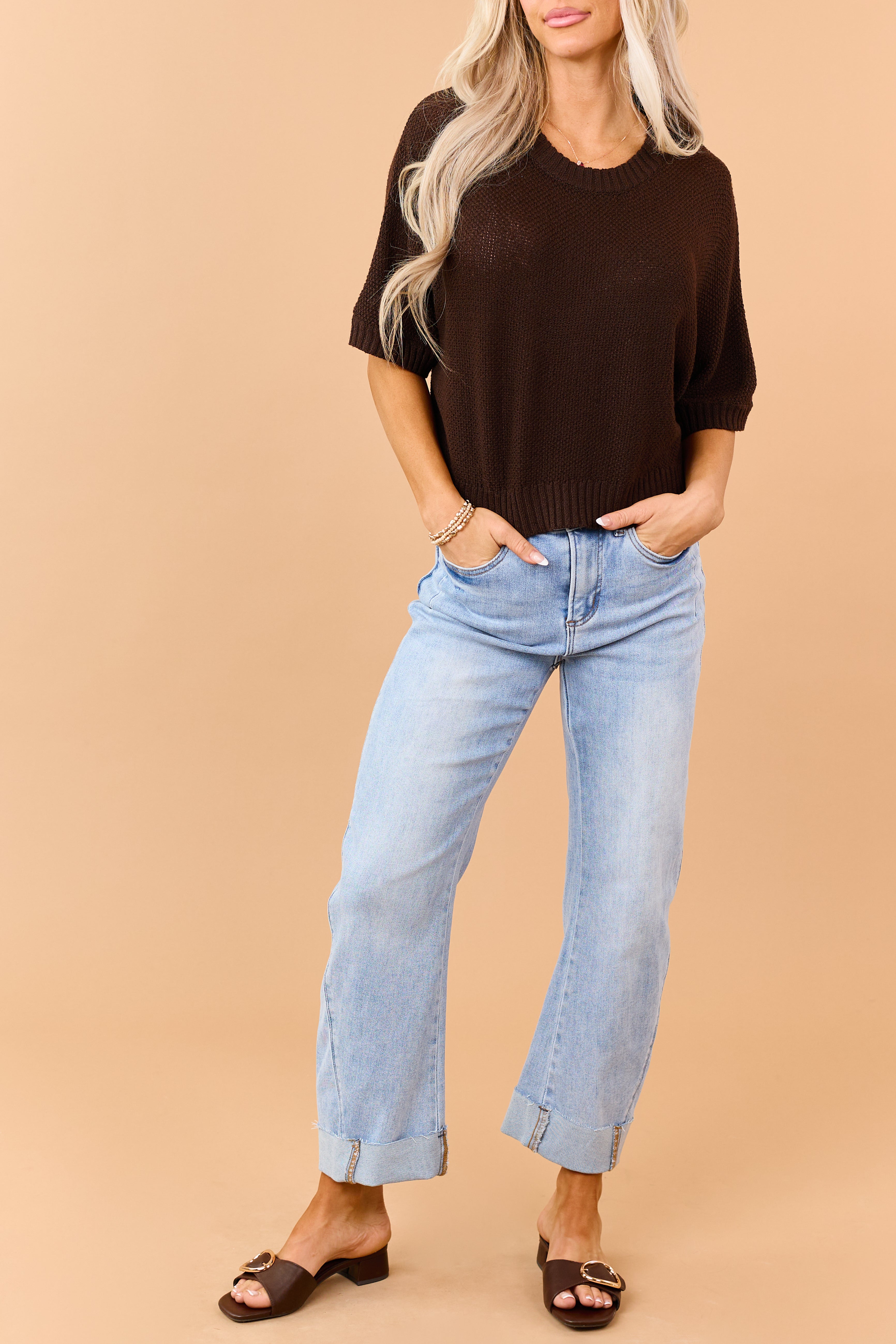 Saige Light Wash Tummy Control Cuffed Straight Jeans