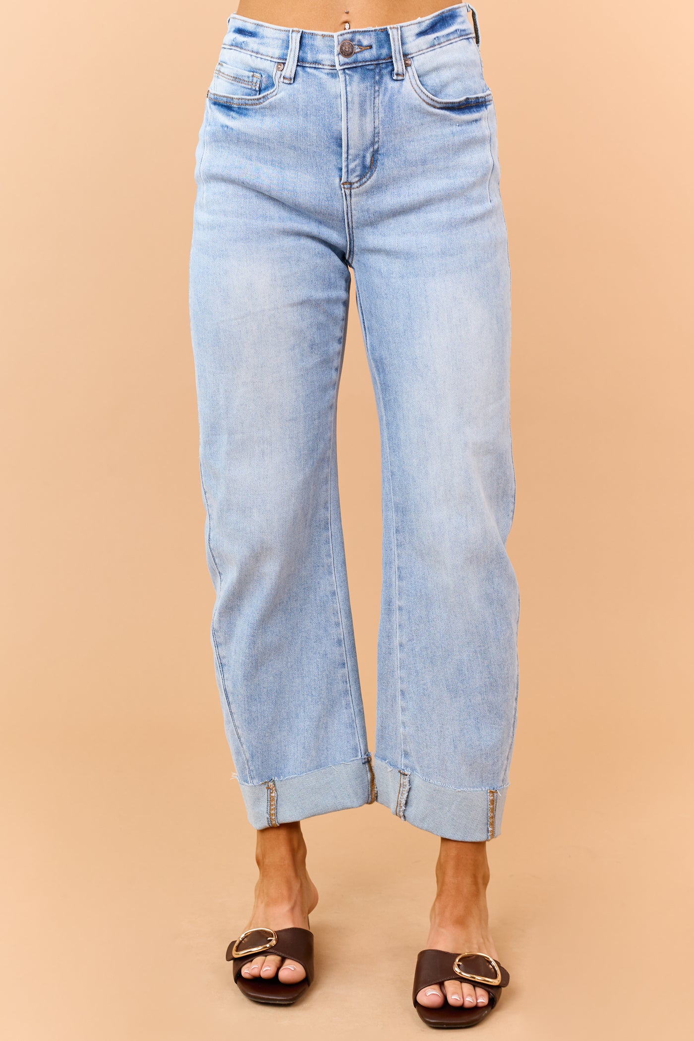 Saige Light Wash Tummy Control Cuffed Straight Jeans
