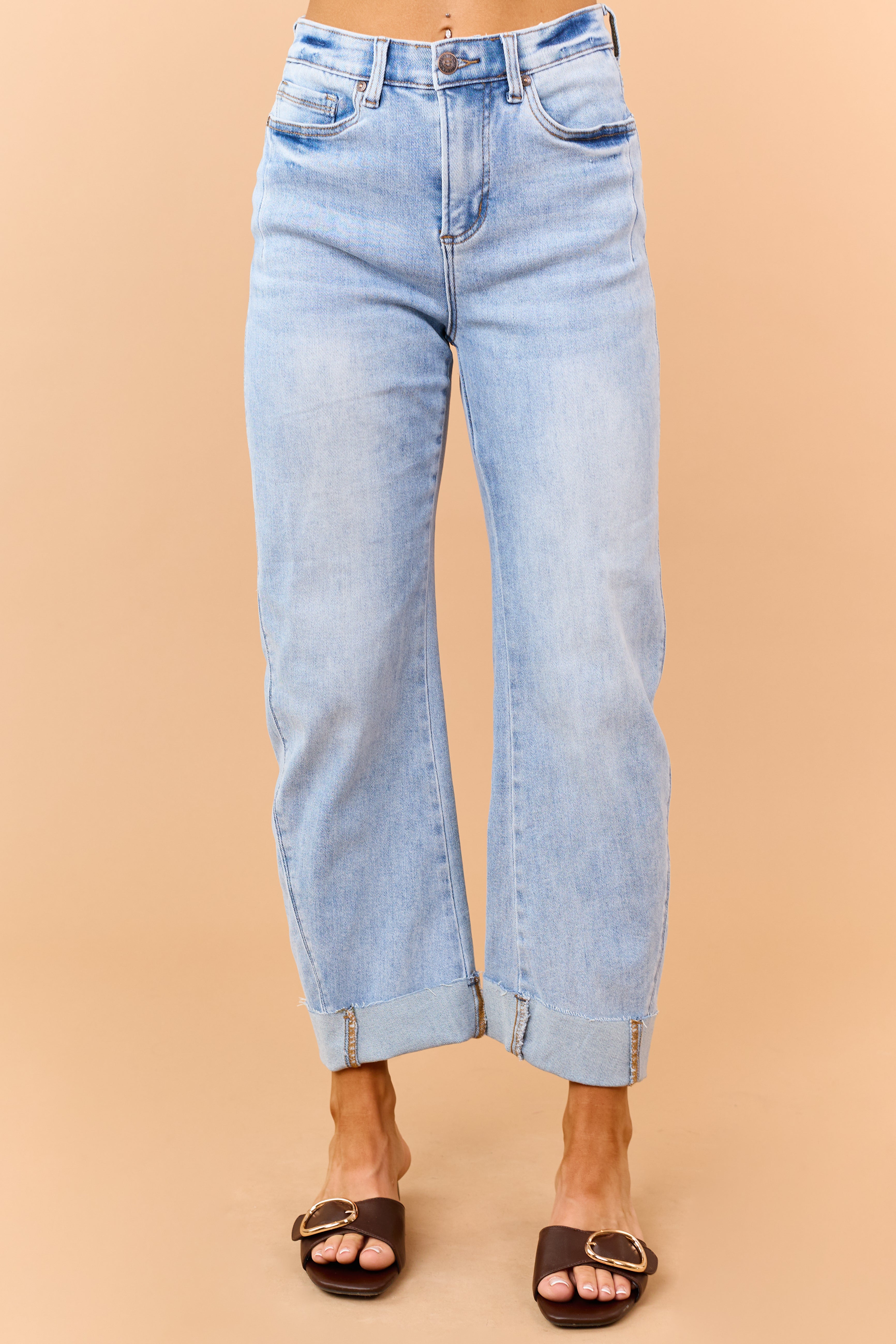 Saige Light Wash Tummy Control Cuffed Straight Jeans