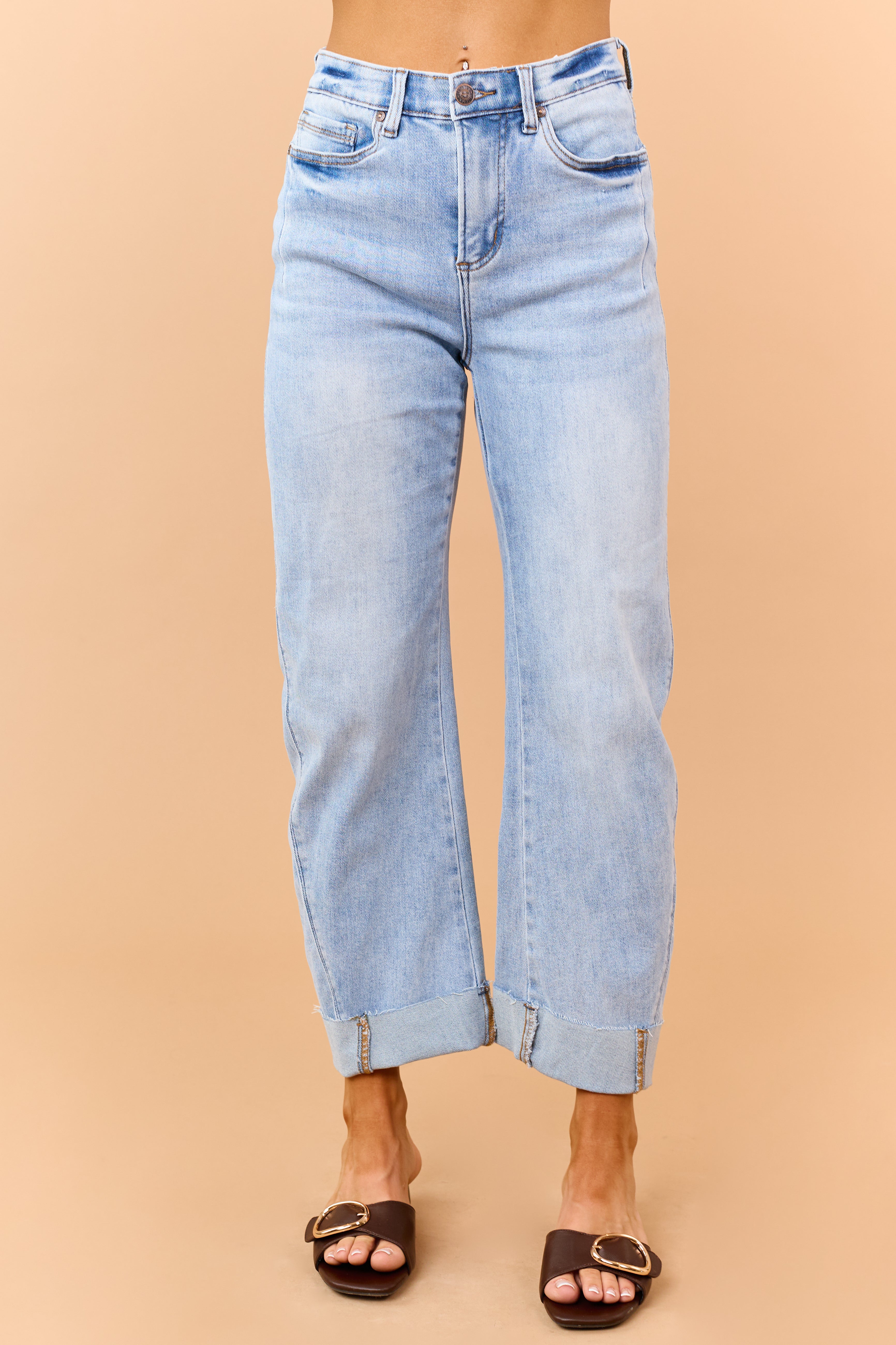 Saige Light Wash Tummy Control Cuffed Straight Jeans