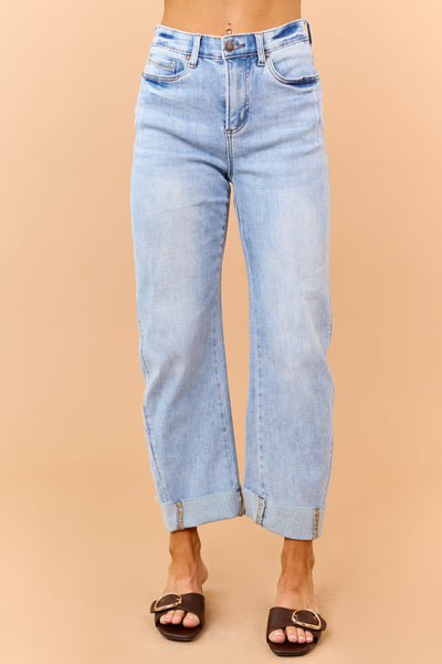Saige Light Wash Tummy Control Cuffed Straight Jeans