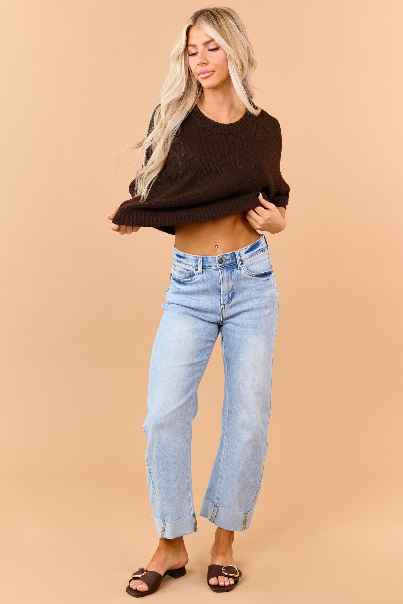 Saige Light Wash Tummy Control Cuffed Straight Jeans