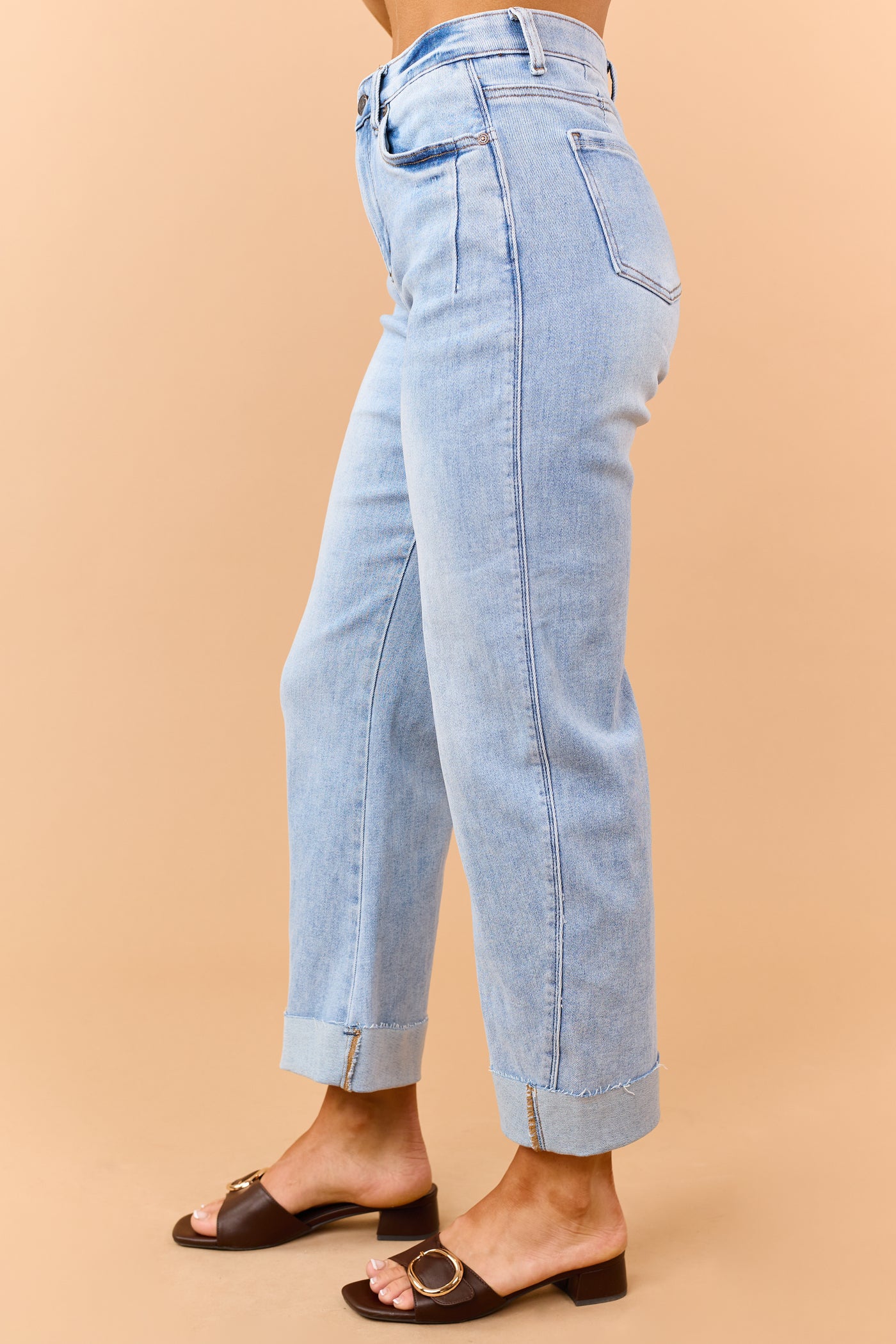Saige Light Wash Tummy Control Cuffed Straight Jeans