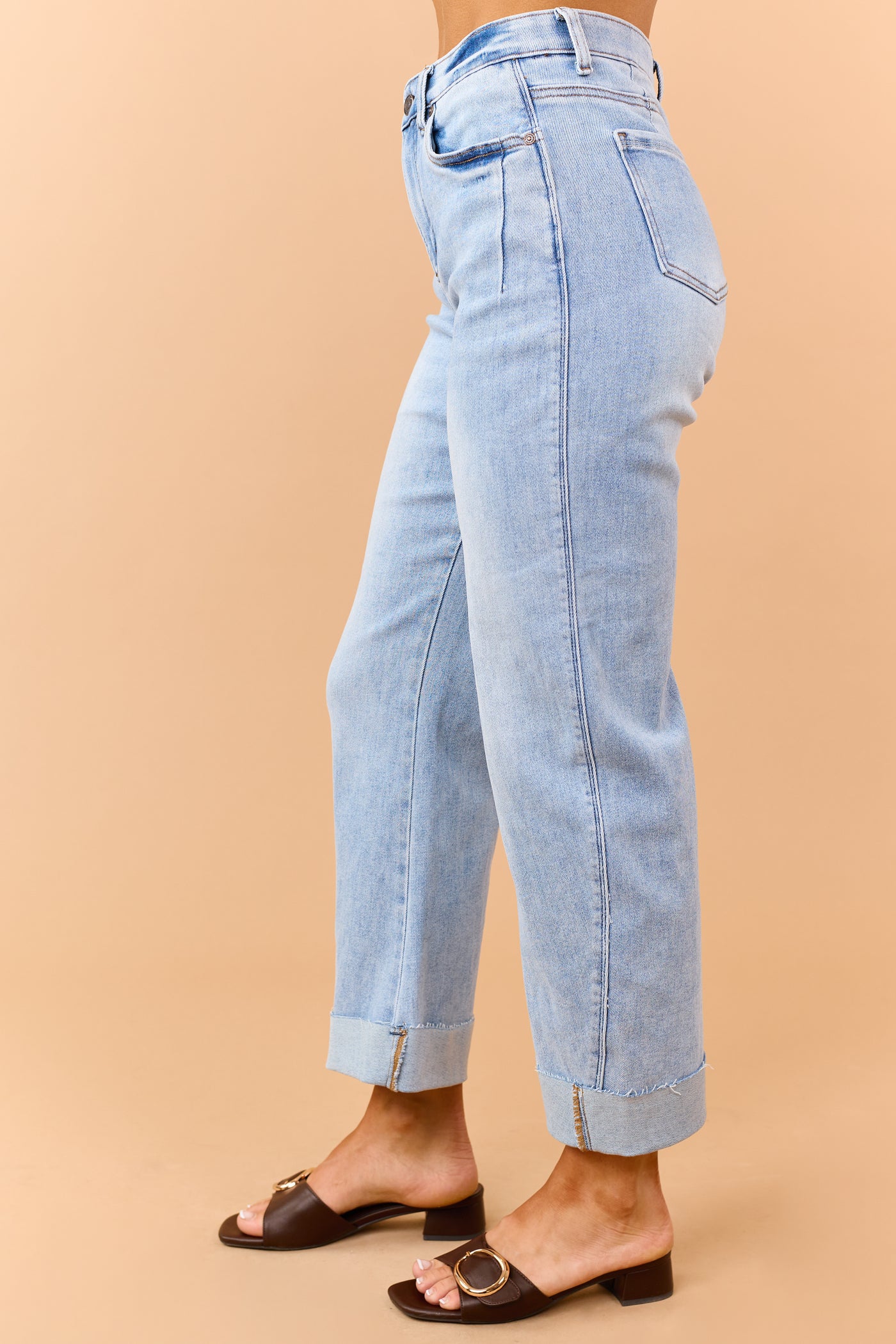Saige Light Wash Tummy Control Cuffed Straight Jeans