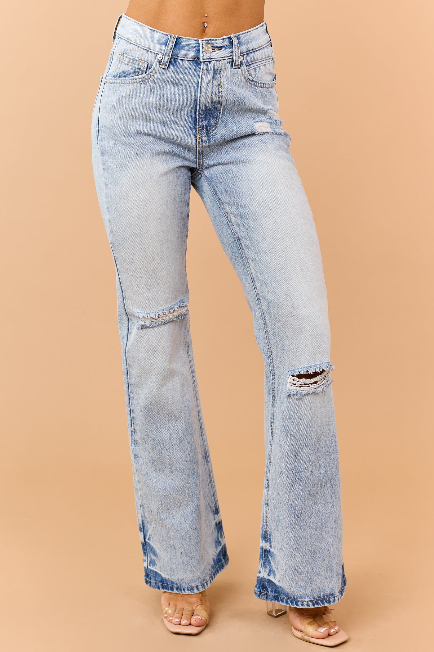 Saige Light Wash Tummy Control Distressed Flare Jeans