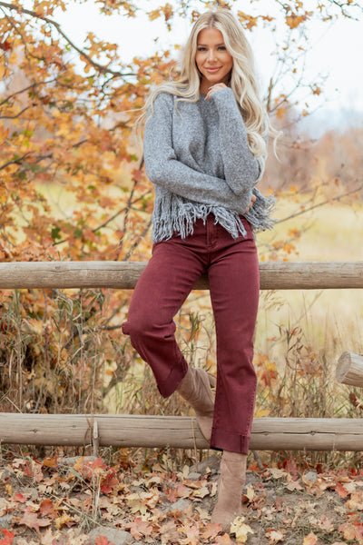Saige Maroon Tummy Control Cuffed Straight Jeans