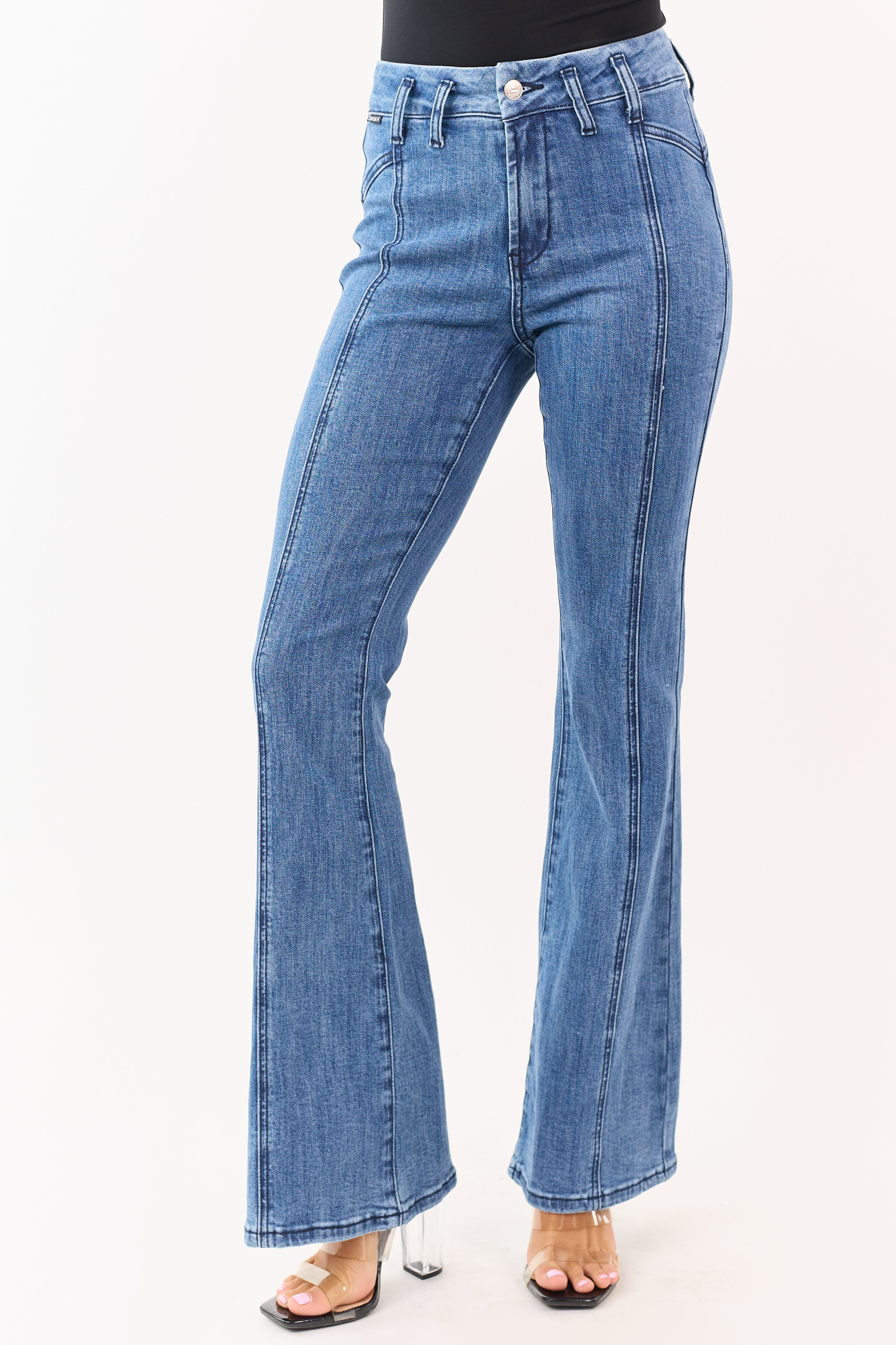 Saige Medium Dark Wash Flare Leg Stretchy Jeans | Lime Lush Boutique