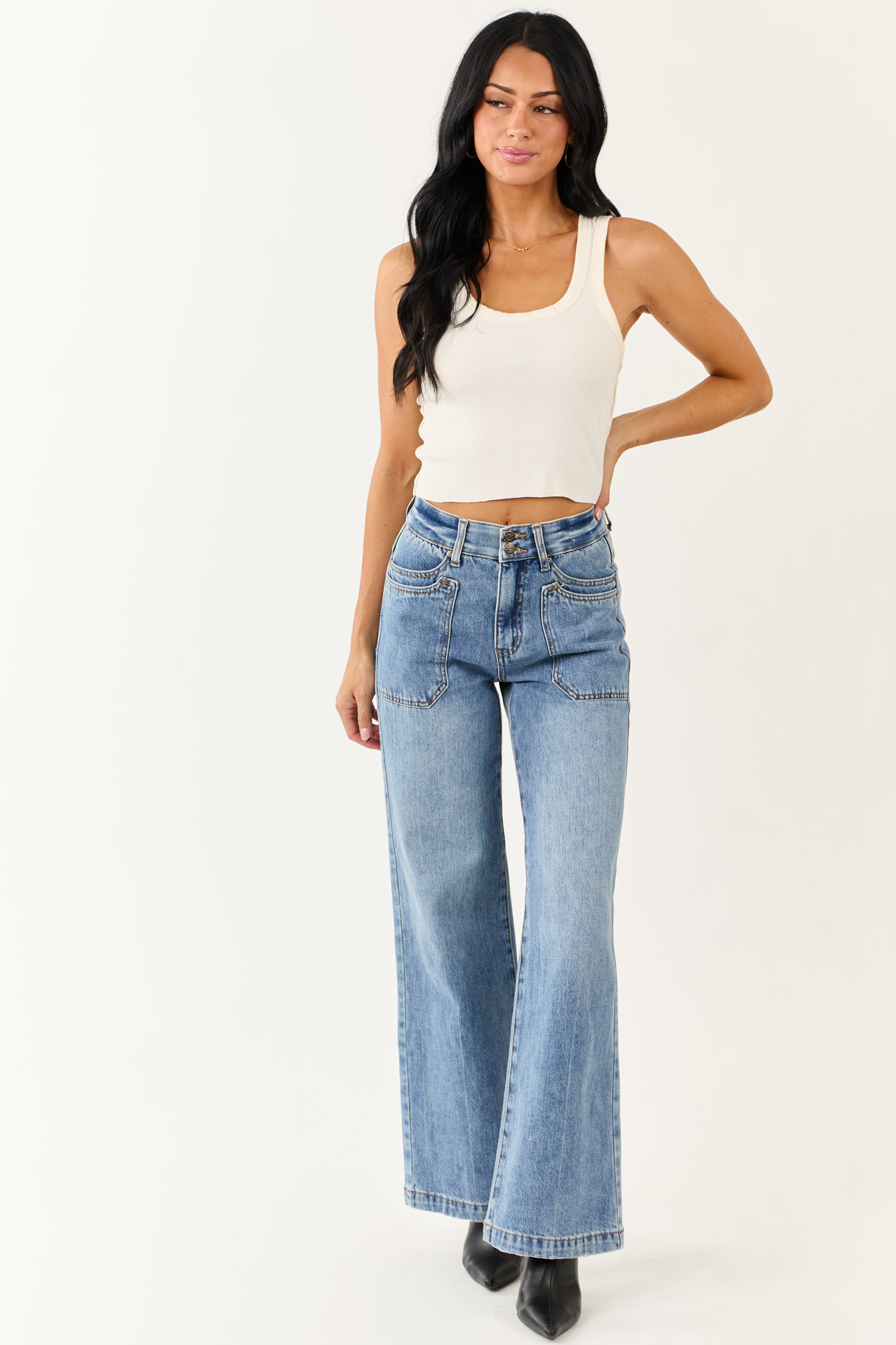 GOOD GRIEF！　WIDE LEG DENIM XS Wren Super Wide Leg Jeans | Only $68.60 | Medium Wash, Med/Dark