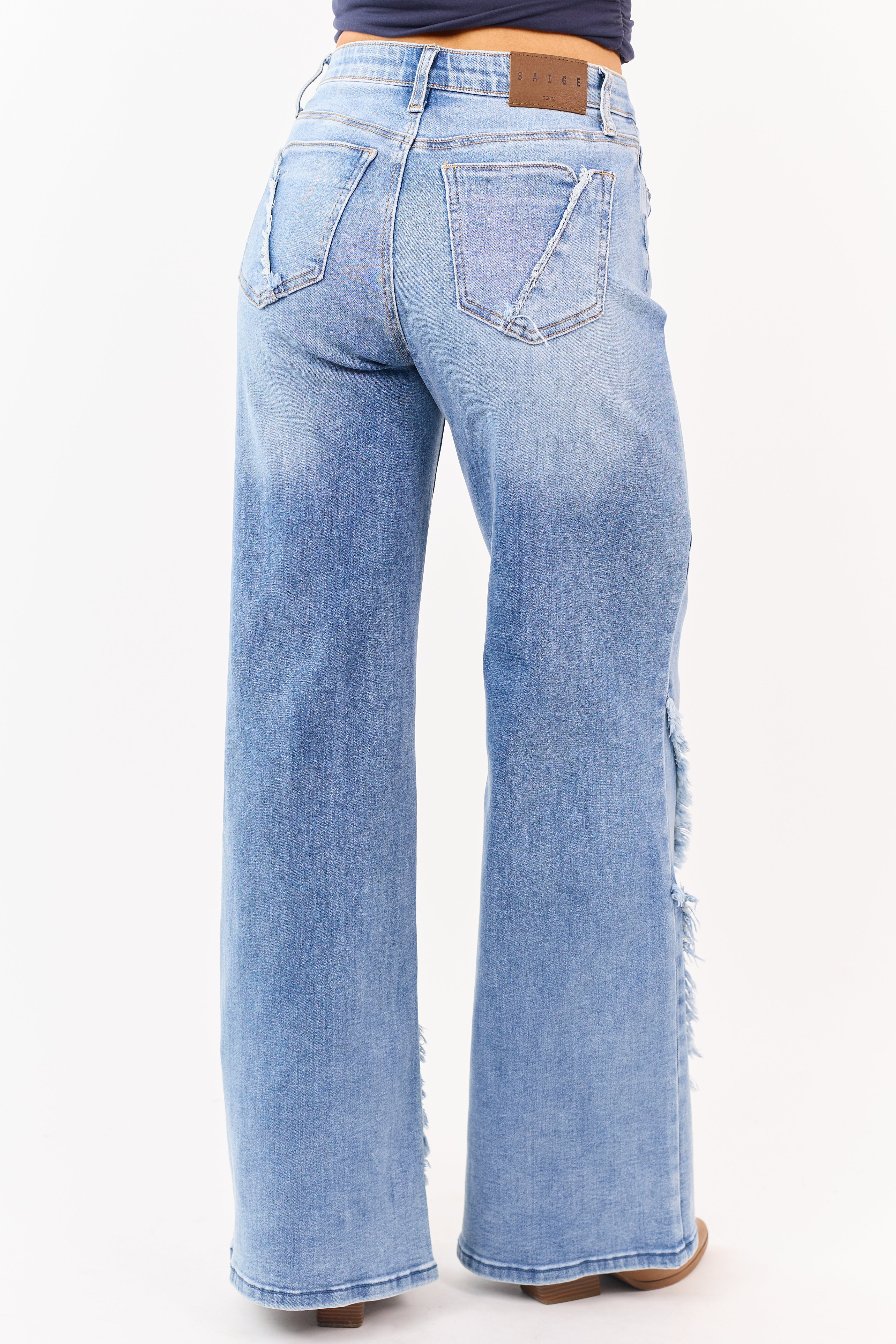 Saige Medium Tummy Control Stretchy Wide Frayed Jeans