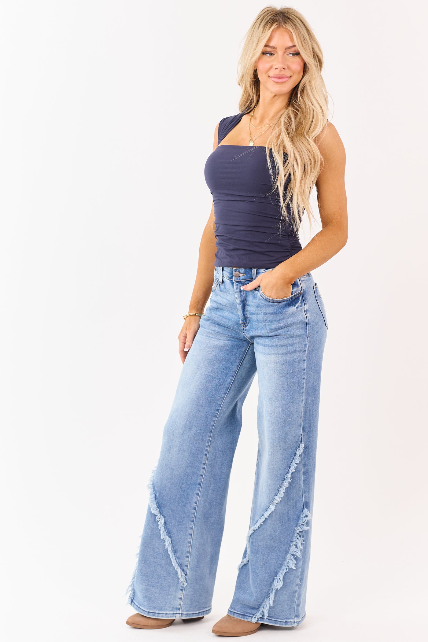 Saige Medium Tummy Control Stretchy Wide Frayed Jeans