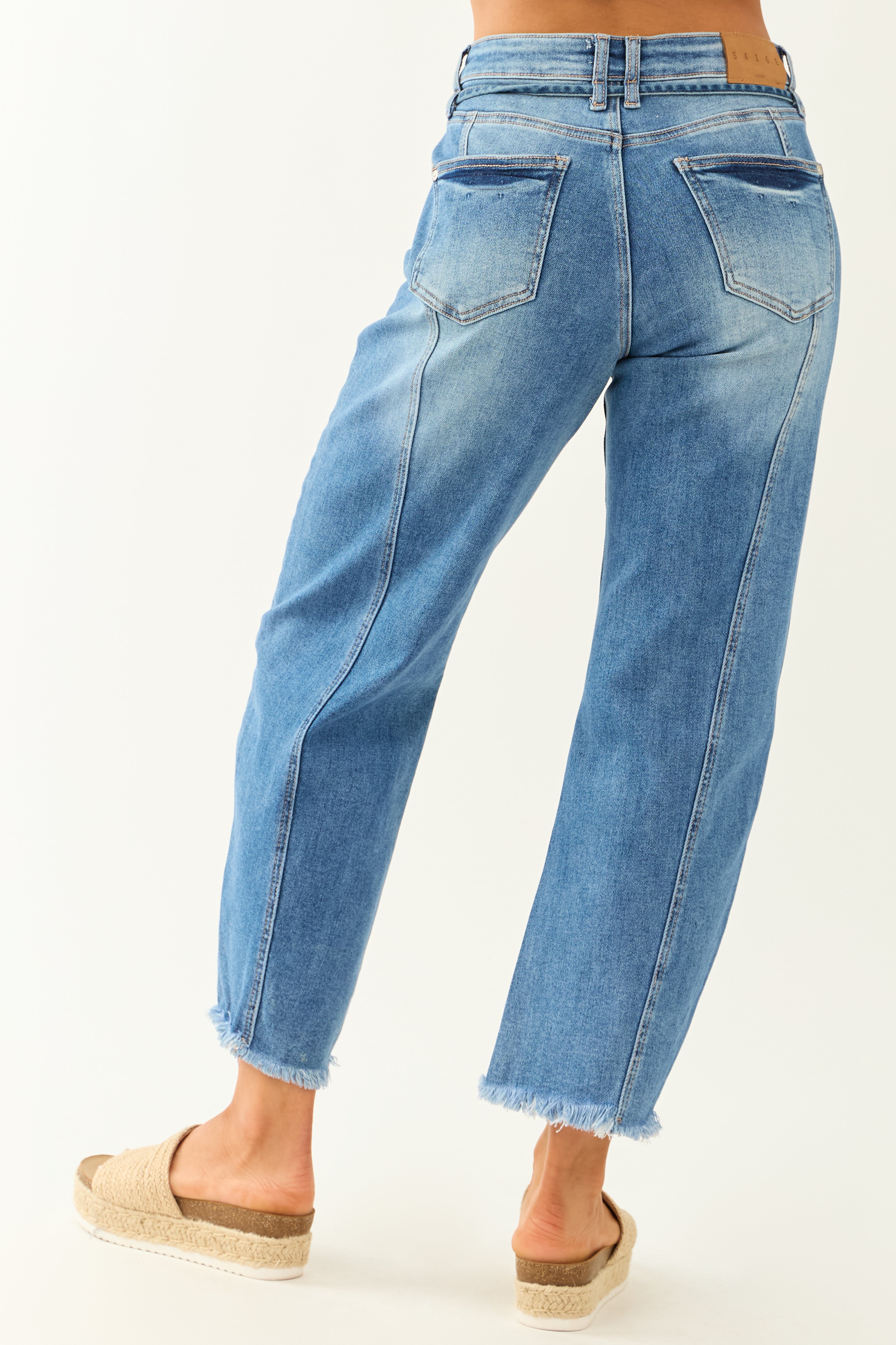 Saige Medium Wash High Rise Waist Tie Barrel Jeans