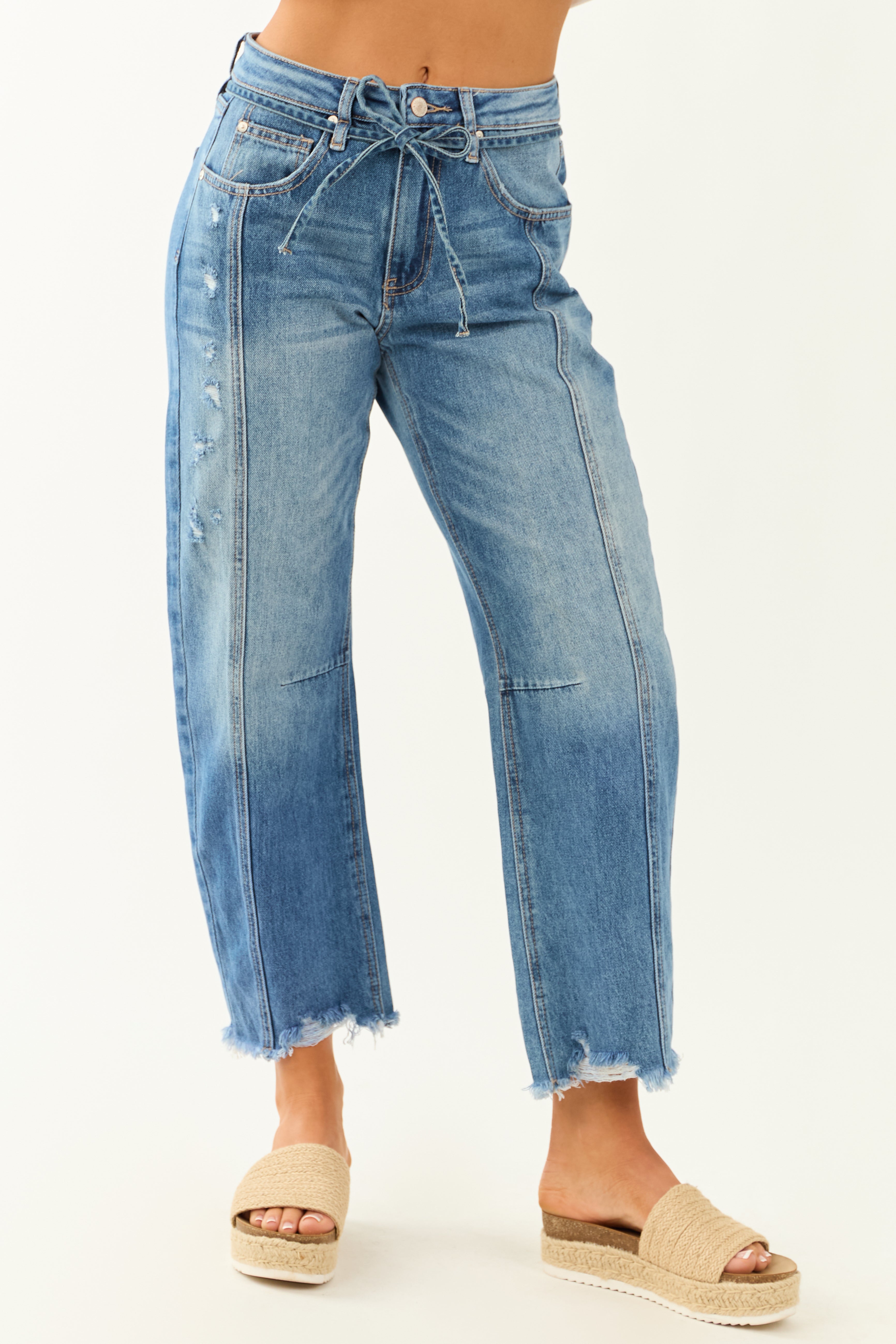 Saige Medium Wash High Rise Waist Tie Barrel Jeans