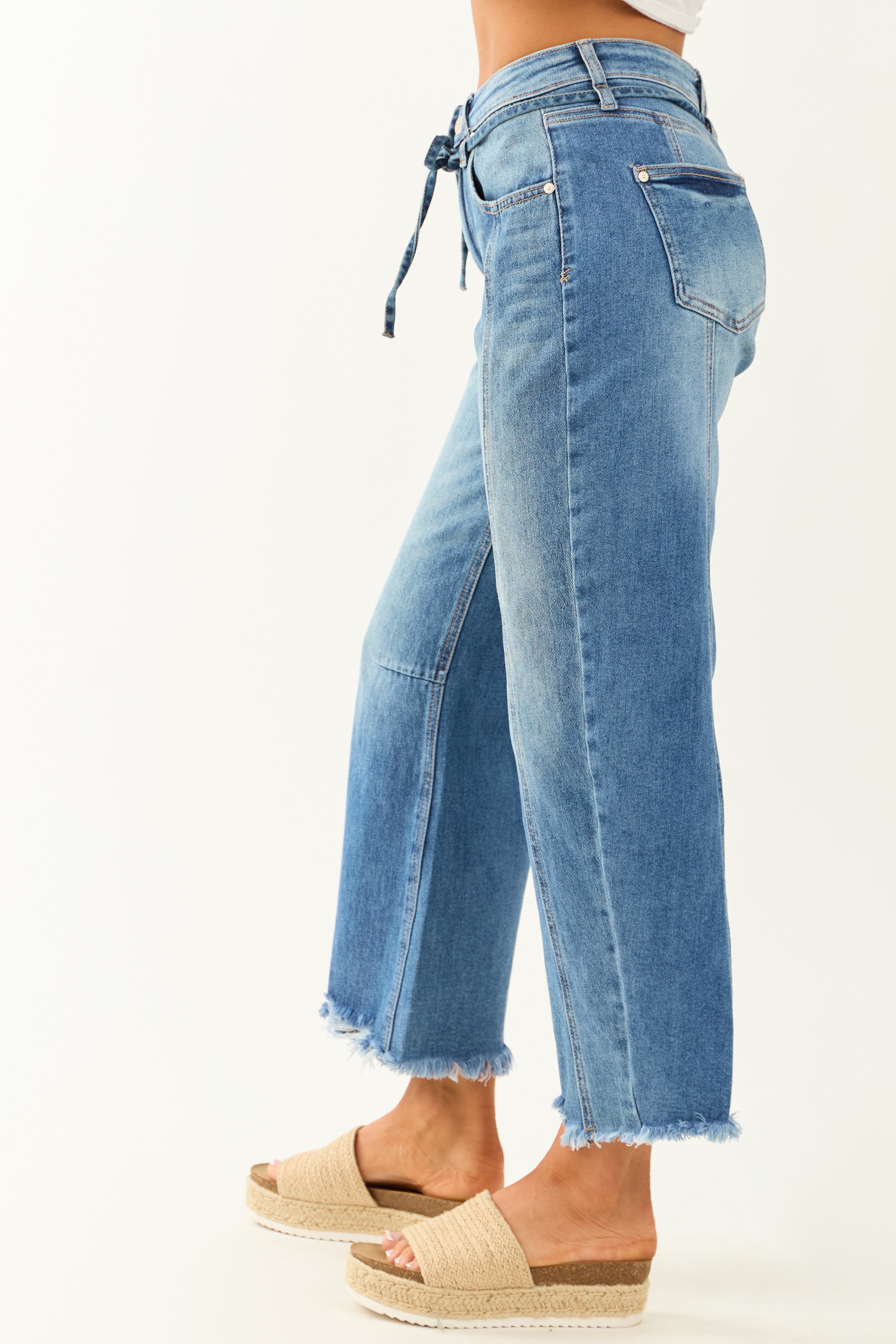 Saige Medium Wash High Rise Waist Tie Barrel Jeans