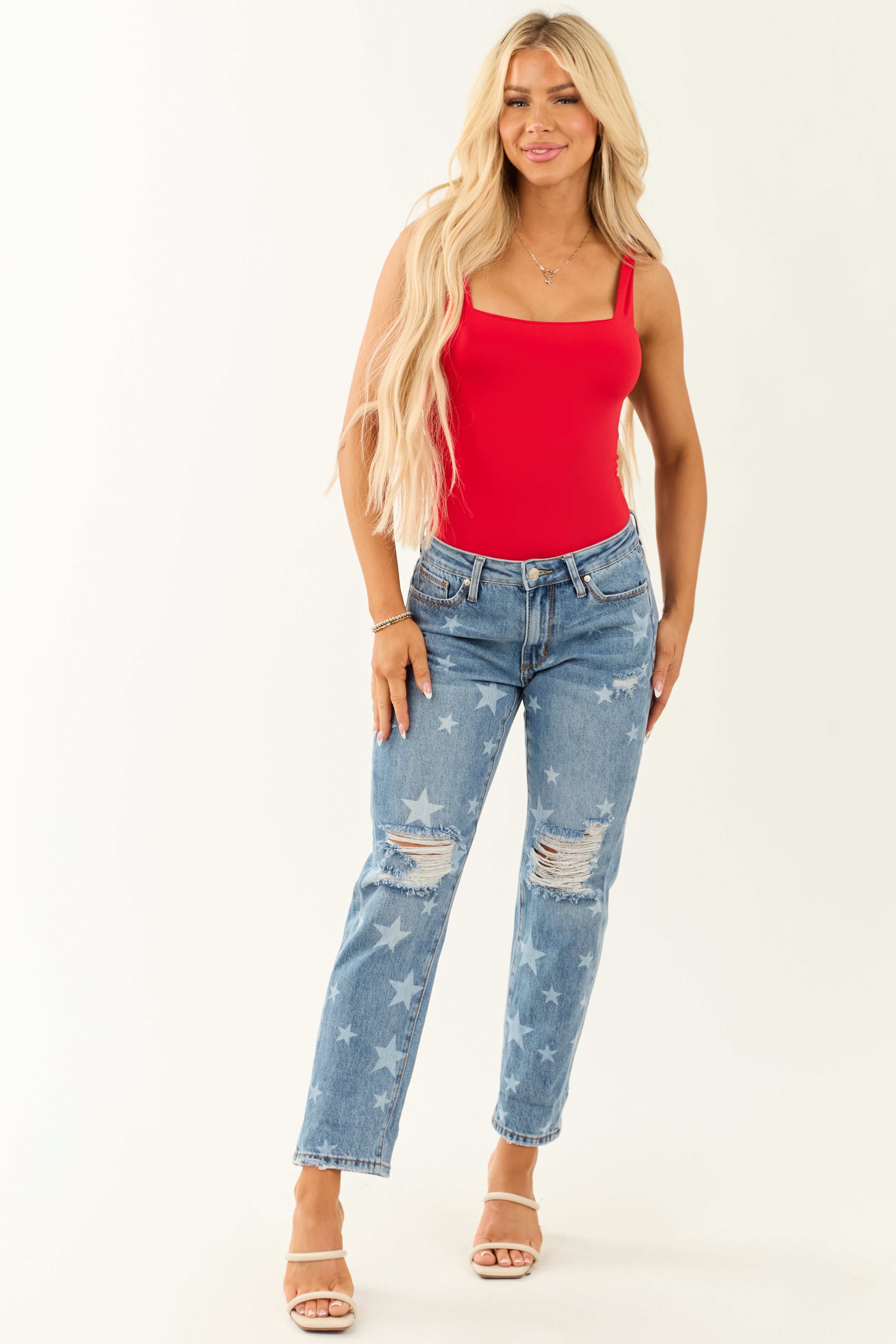 Saige Medium Wash Star Print Cuffed Boyfriend Jeans