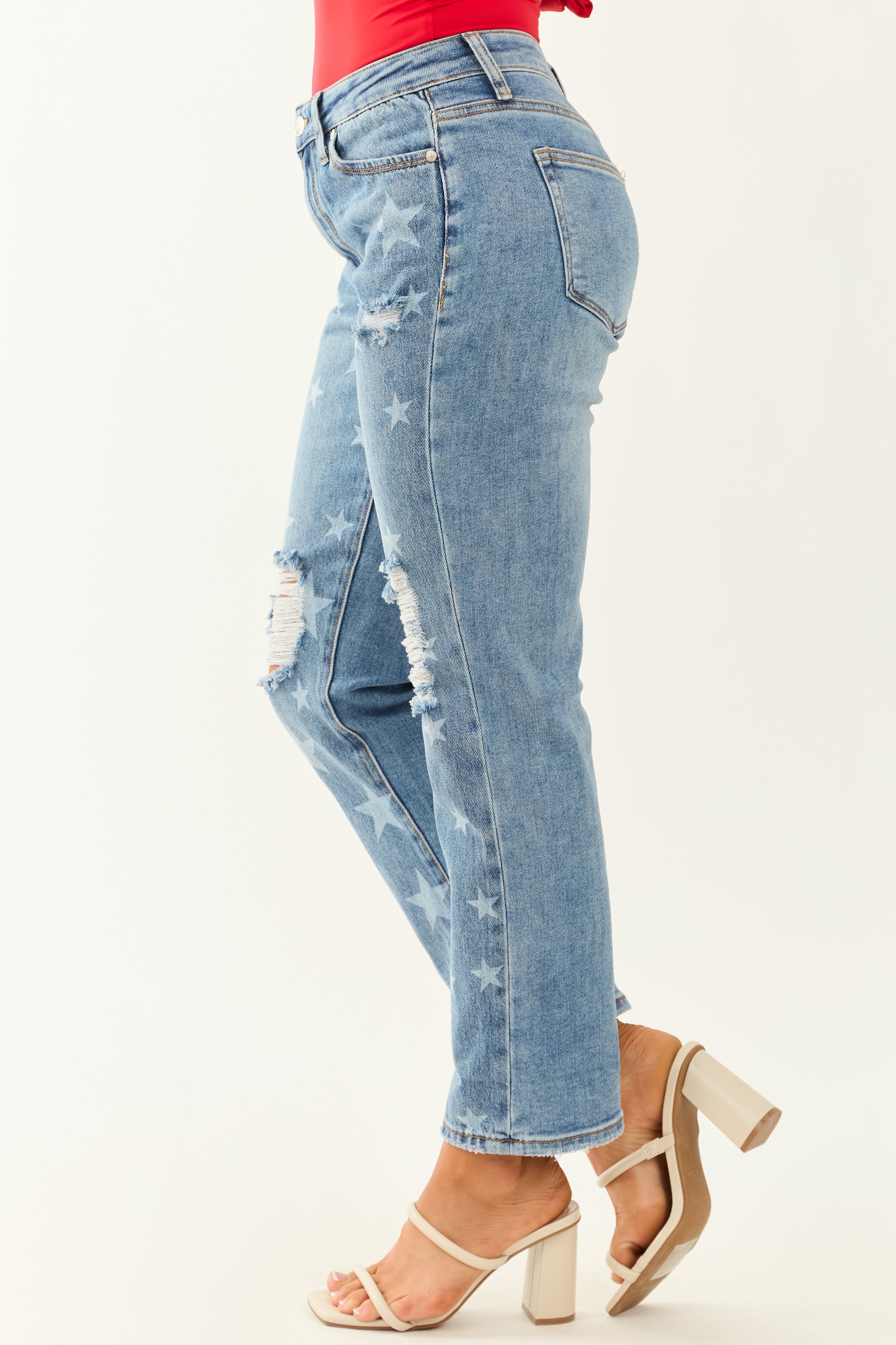 Saige Medium Wash Star Print Cuffed Boyfriend Jeans