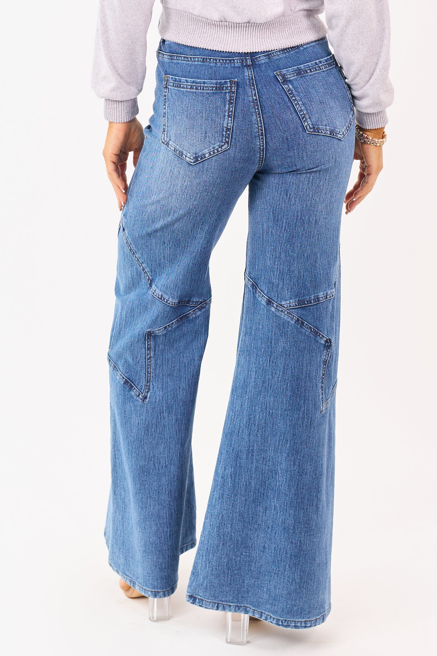 Saige Medium Wash Star Stretchy Wide Pull On Jeans