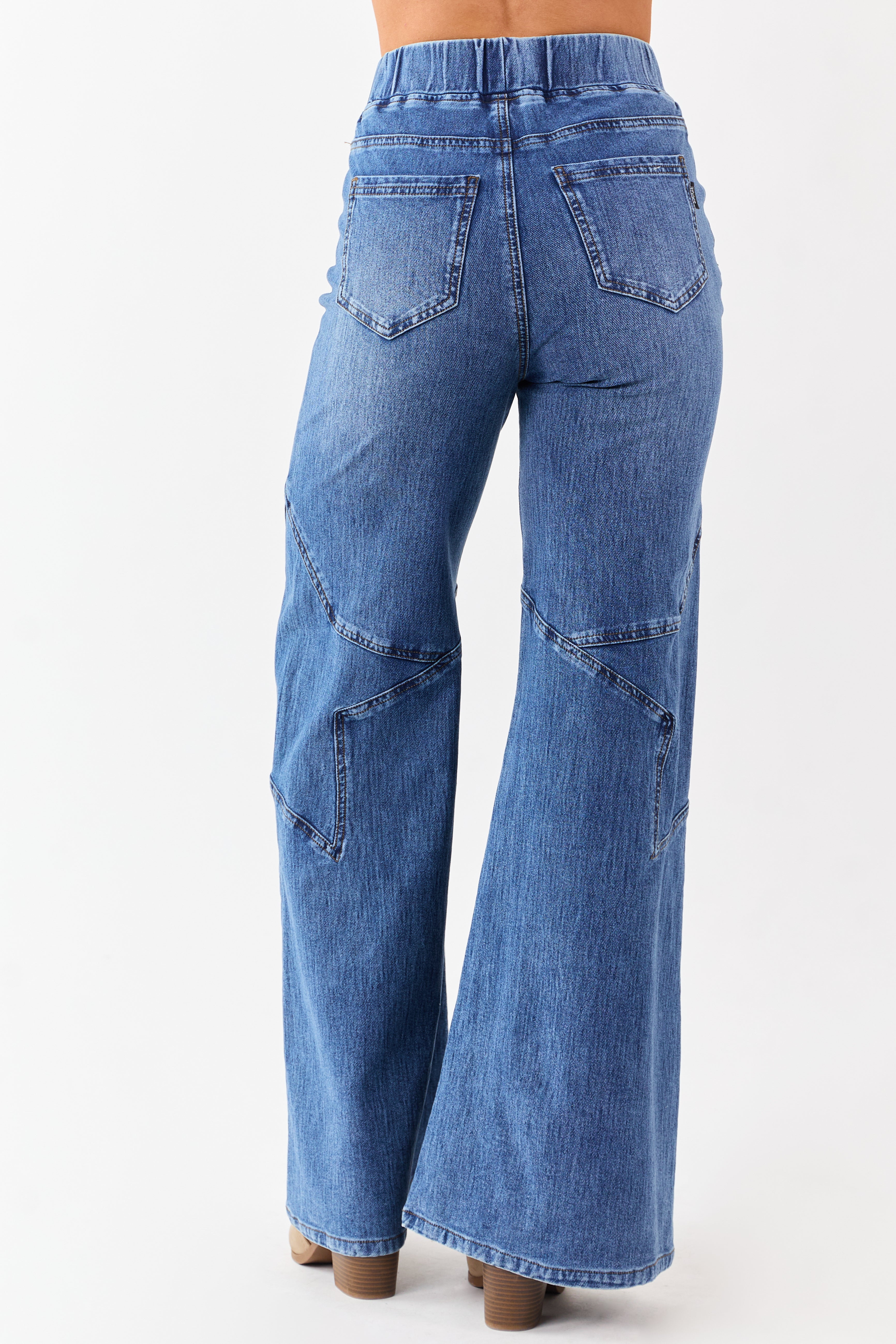 Saige Medium Wash Star Stretchy Wide Pull On Jeans