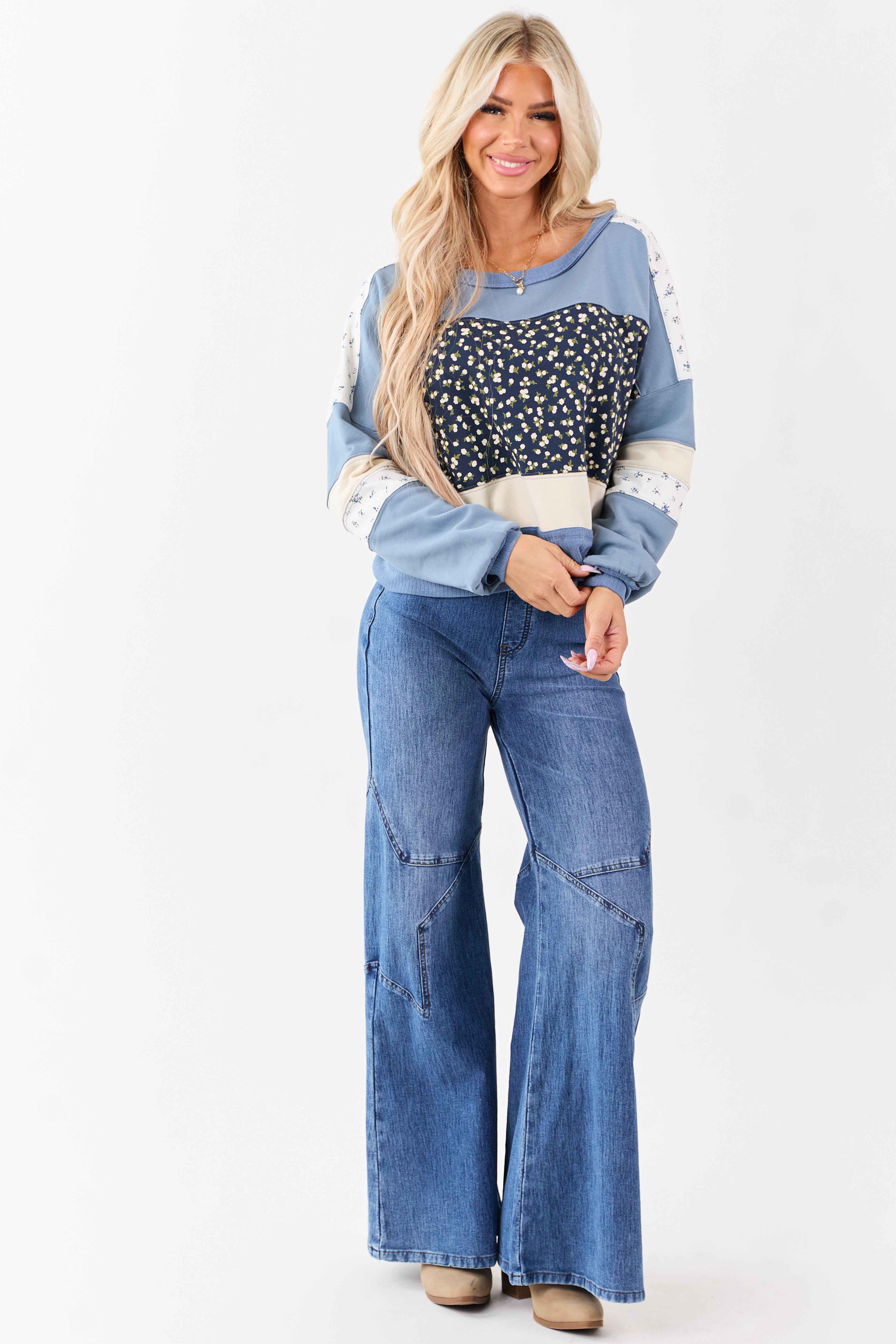 Saige Medium Wash Star Stretchy Wide Pull On Jeans