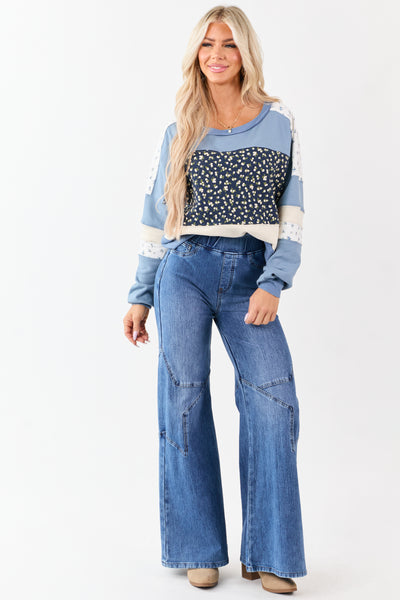 Saige Medium Wash Star Stretchy Wide Pull On Jeans