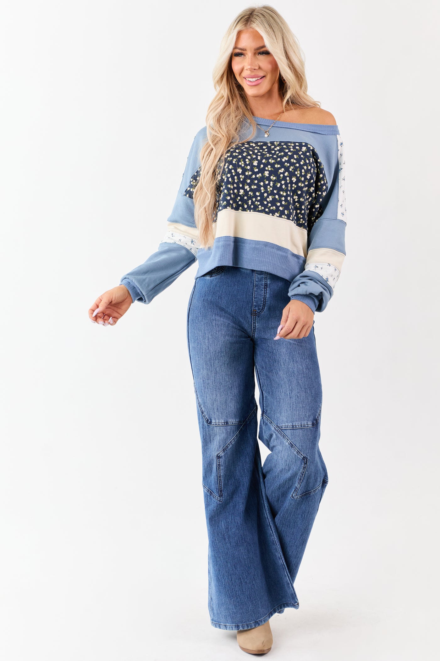 Saige Medium Wash Star Stretchy Wide Pull On Jeans