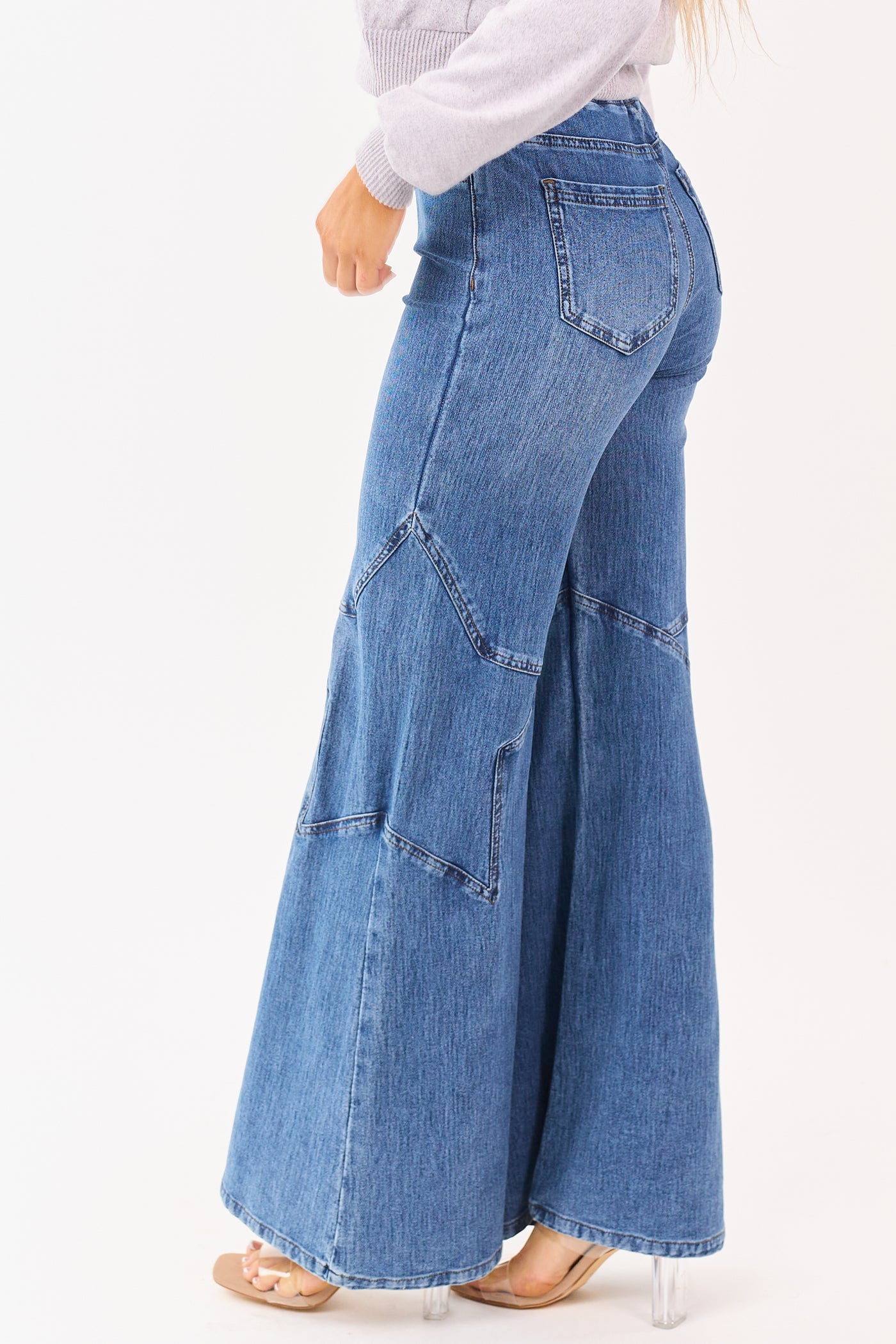 Saige Medium Wash Star Stretchy Wide Pull On Jeans