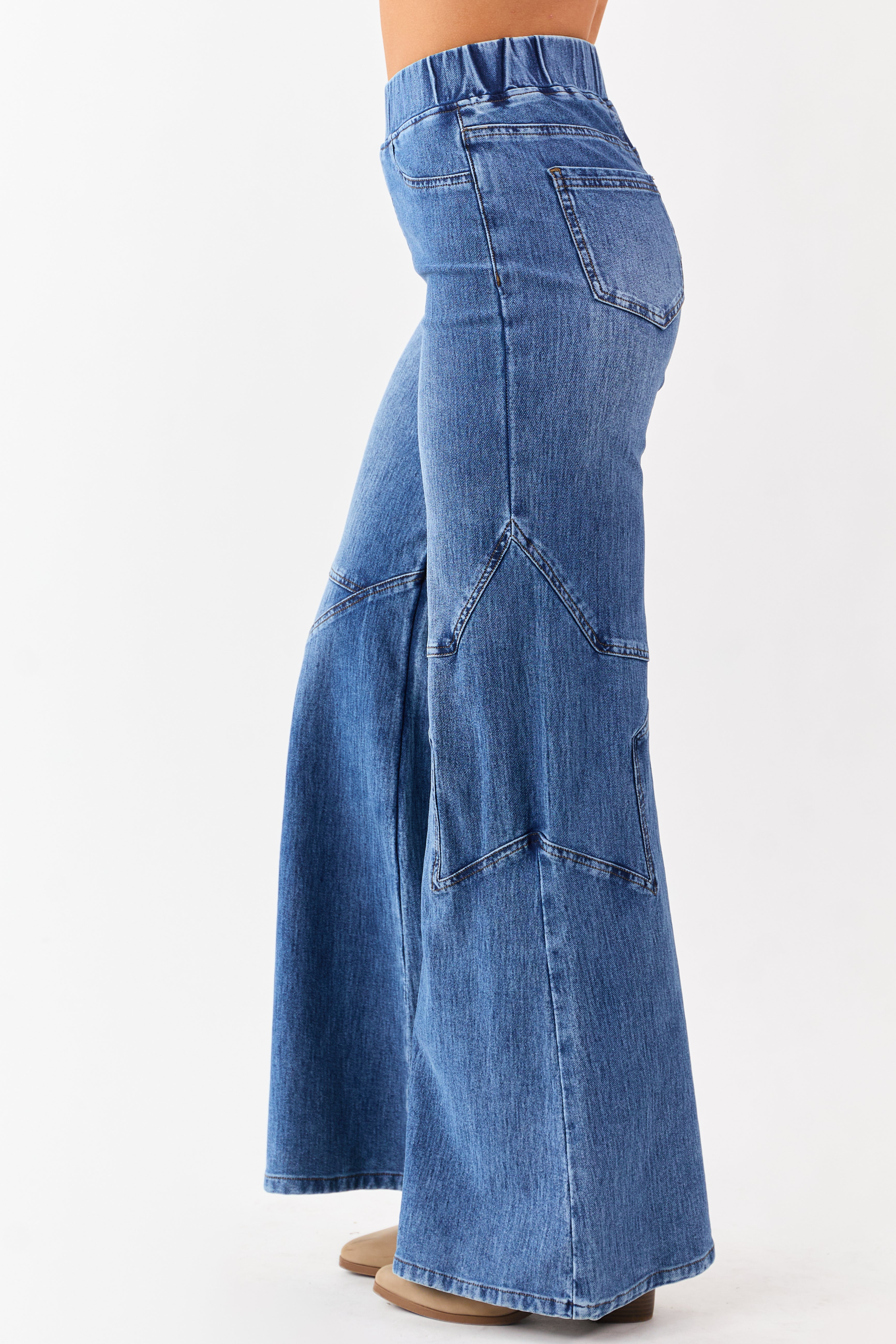 Saige Medium Wash Star Stretchy Wide Pull On Jeans