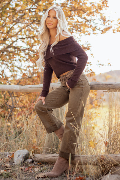 Saige Mocha Brown Tummy Control Cuffed Straight Jeans