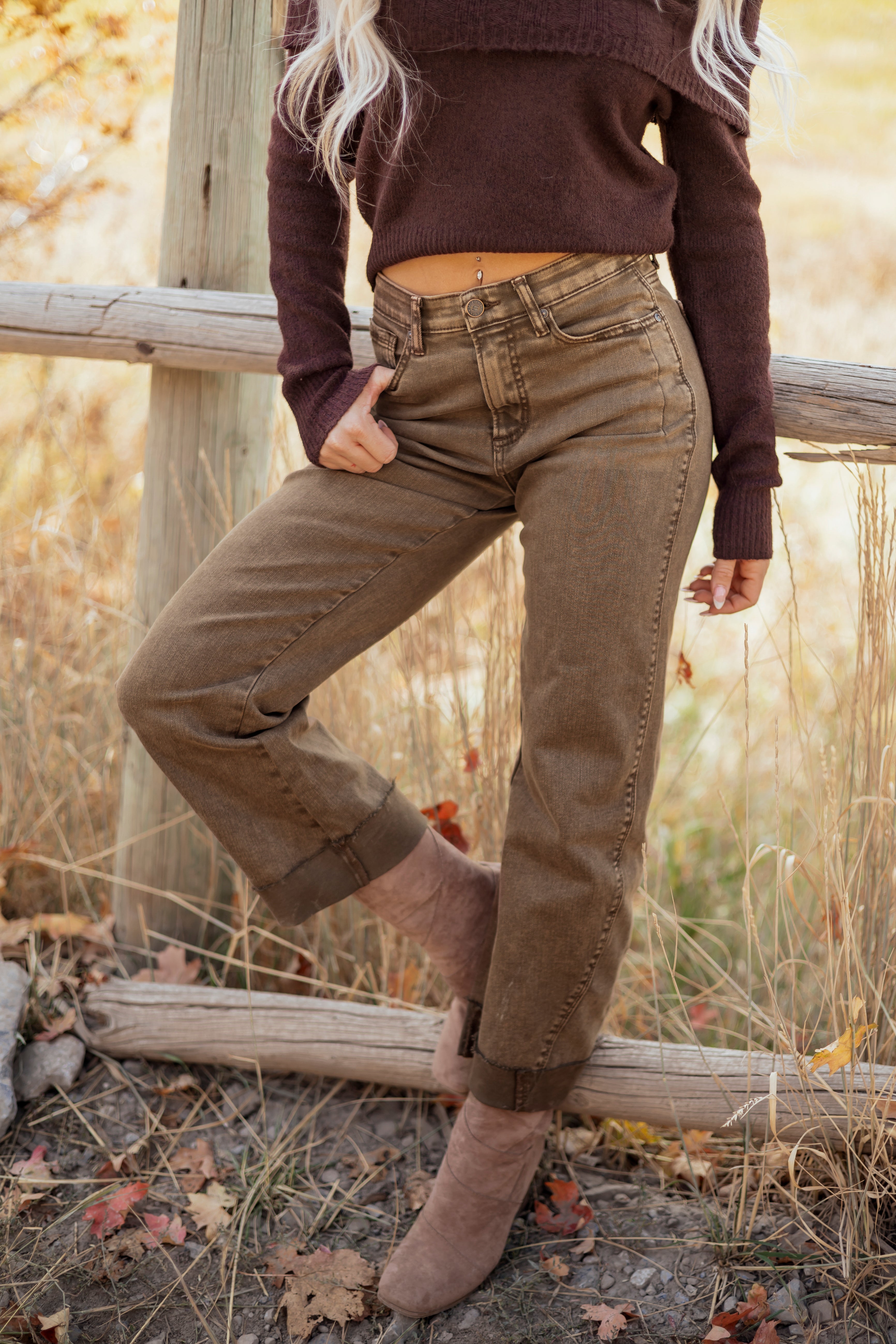 Saige Mocha Brown Tummy Control Cuffed Straight Jeans | Lime Lush