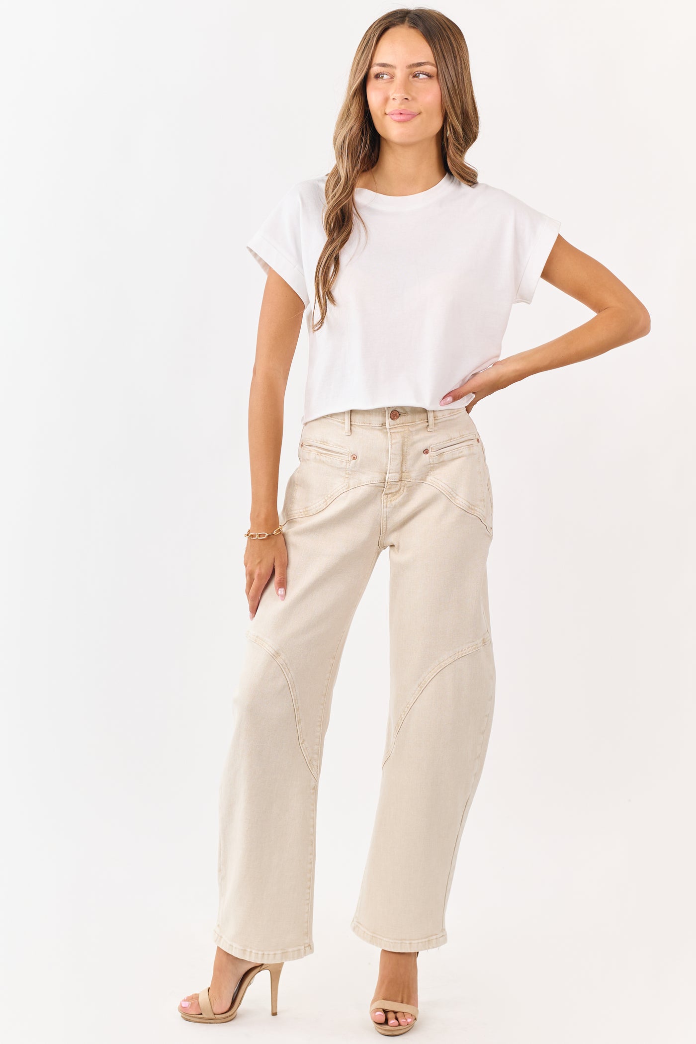 Saige Oatmeal Stretchy Tummy Control Barrel Jeans