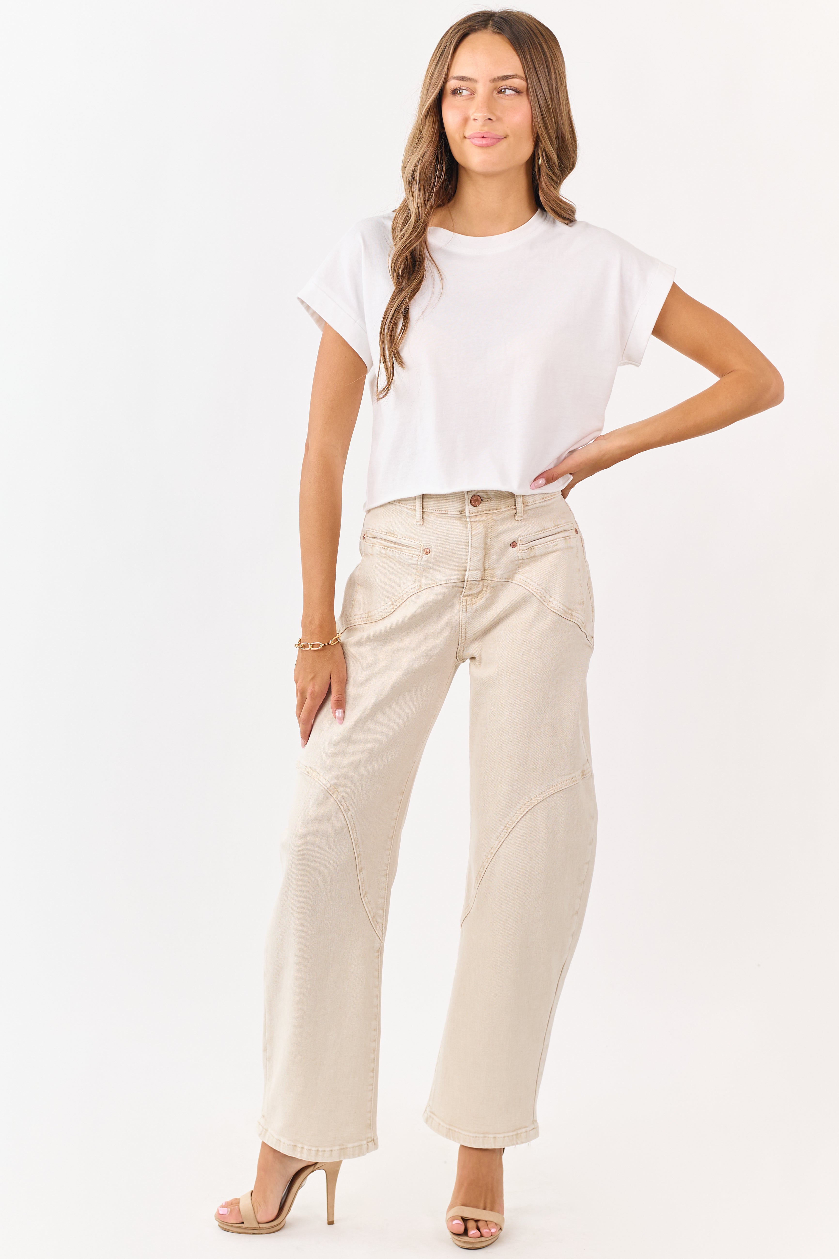 Saige Oatmeal Stretchy Tummy Control Barrel Jeans