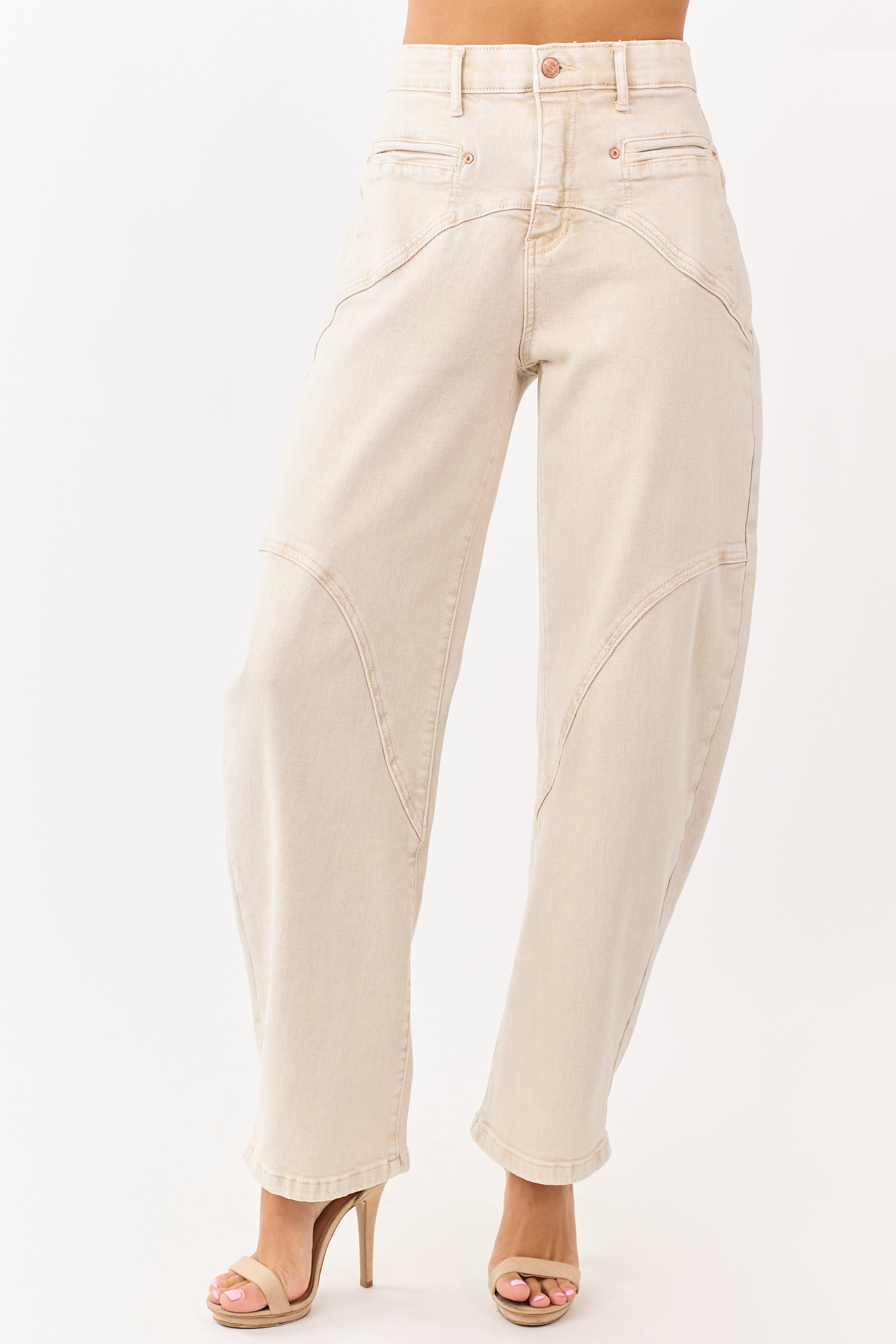 Saige Oatmeal Stretchy Tummy Control Barrel Jeans