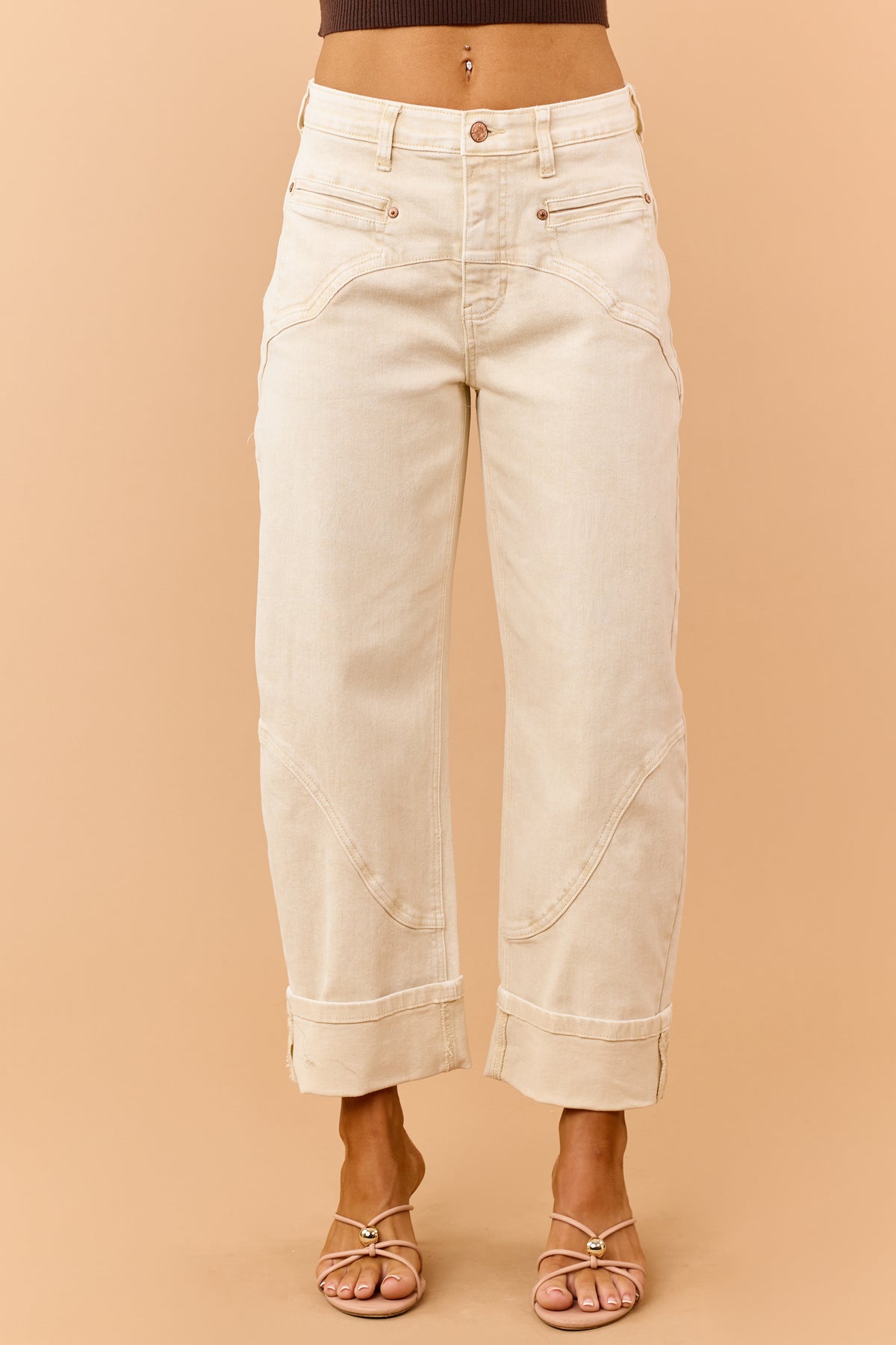 Saige Oatmeal Stretchy Tummy Control Barrel Jeans