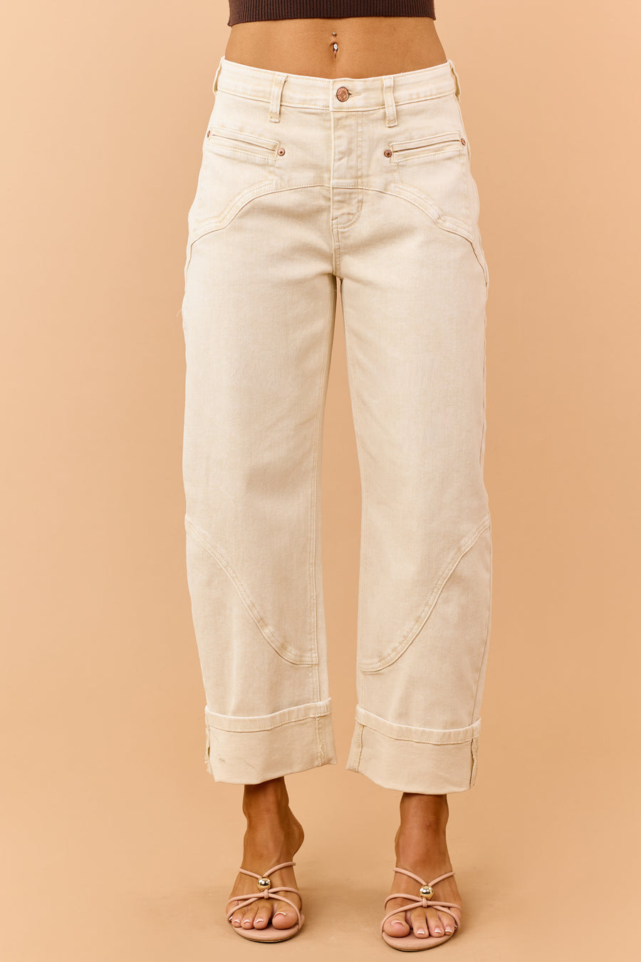 Saige Oatmeal Stretchy Tummy Control Barrel Jeans