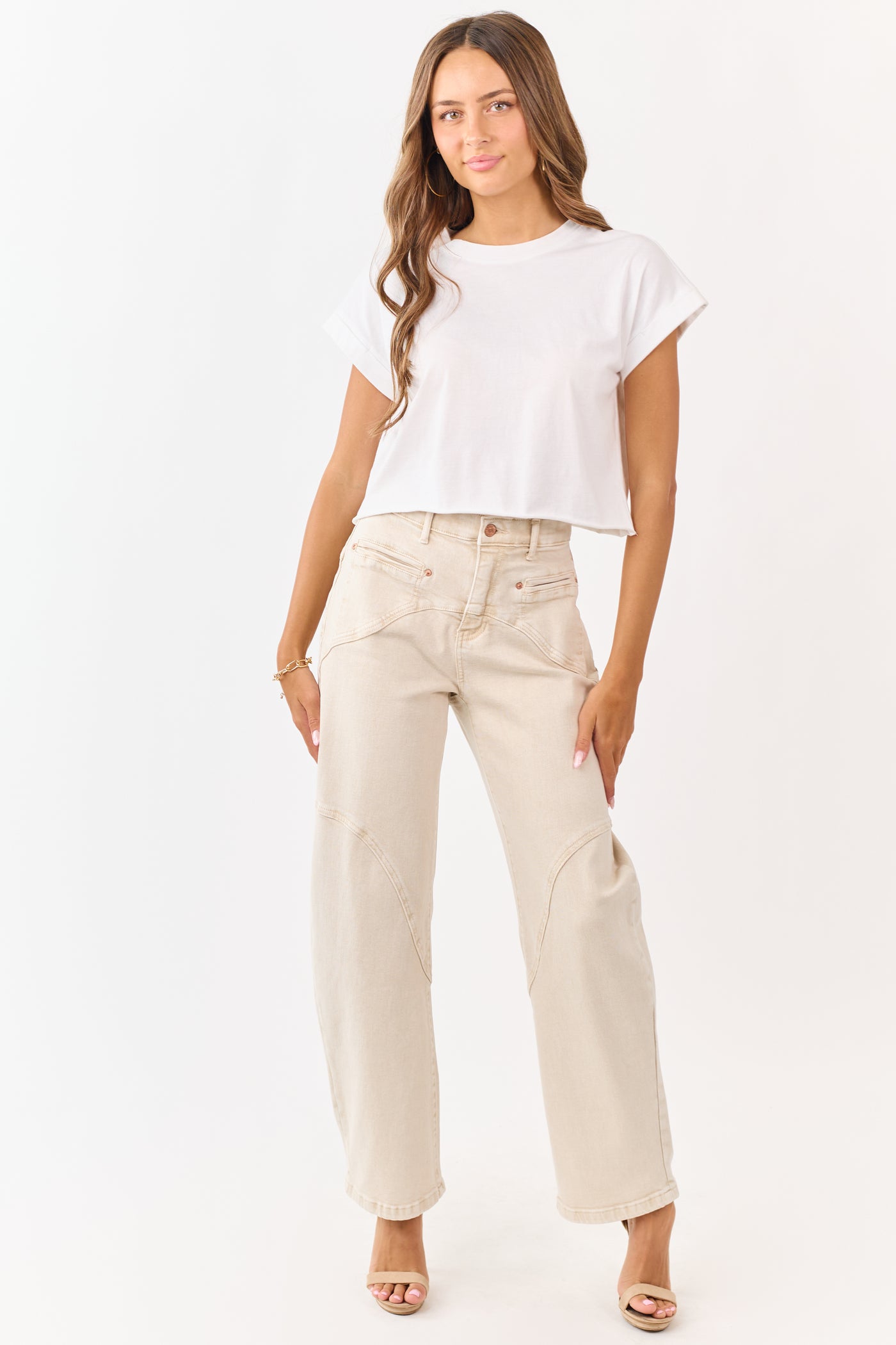 Saige Oatmeal Stretchy Tummy Control Barrel Jeans