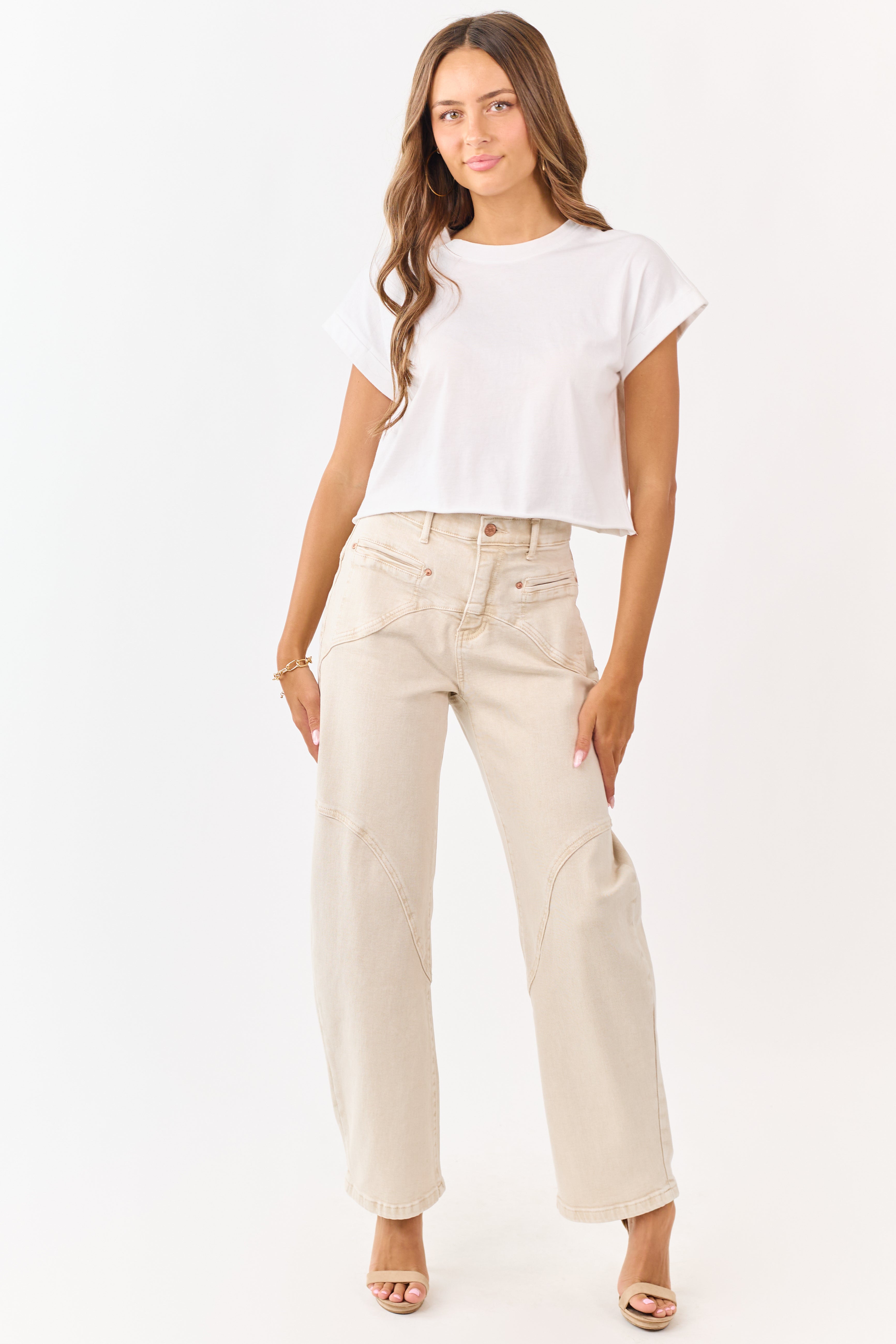 Saige Oatmeal Stretchy Tummy Control Barrel Jeans